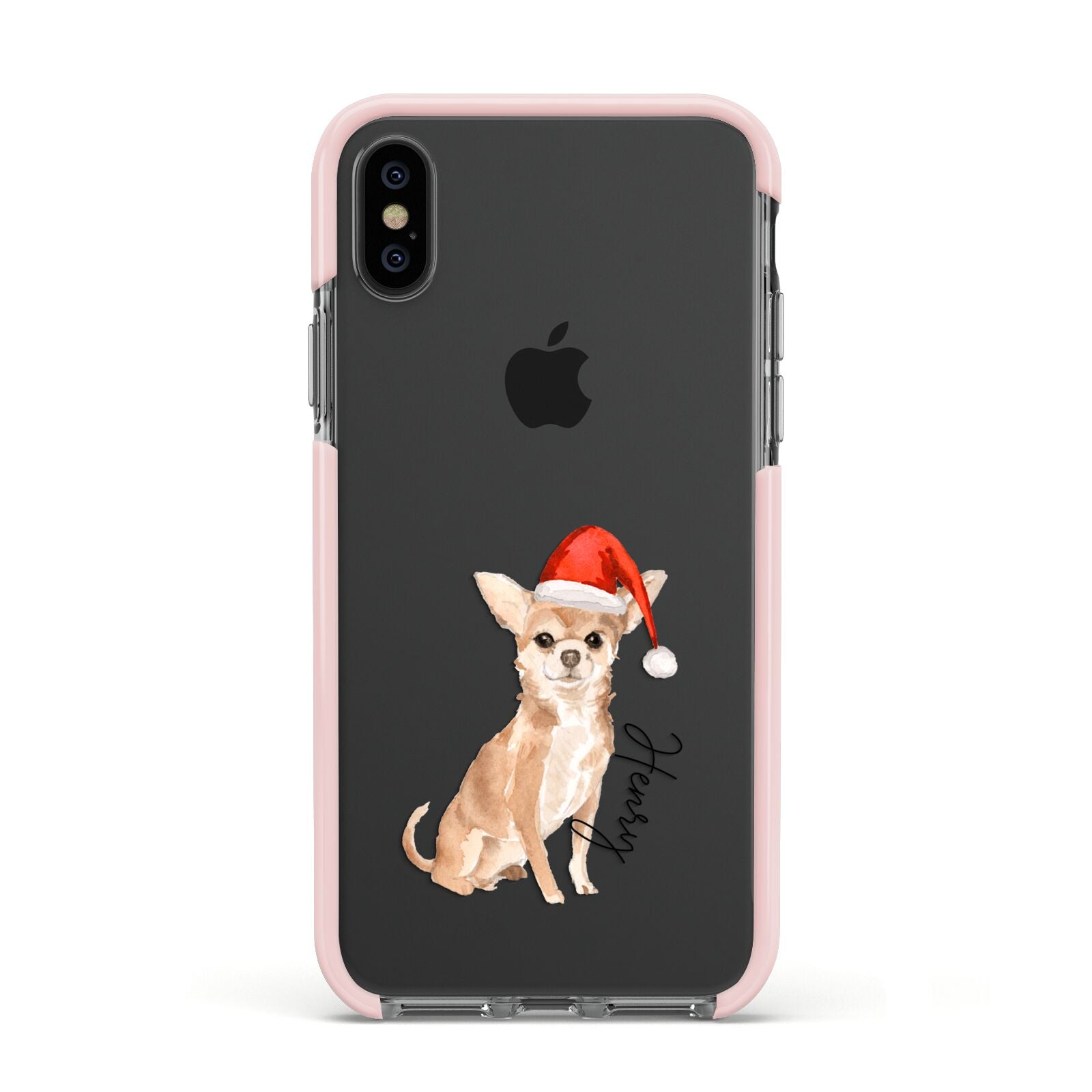 Personalised Christmas Chihuahua Apple iPhone Xs Impact Case Pink Edge on Black Phone