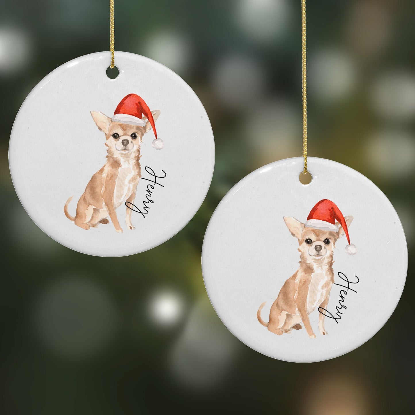 Personalised Christmas Chihuahua Round Decoration on Christmas Background