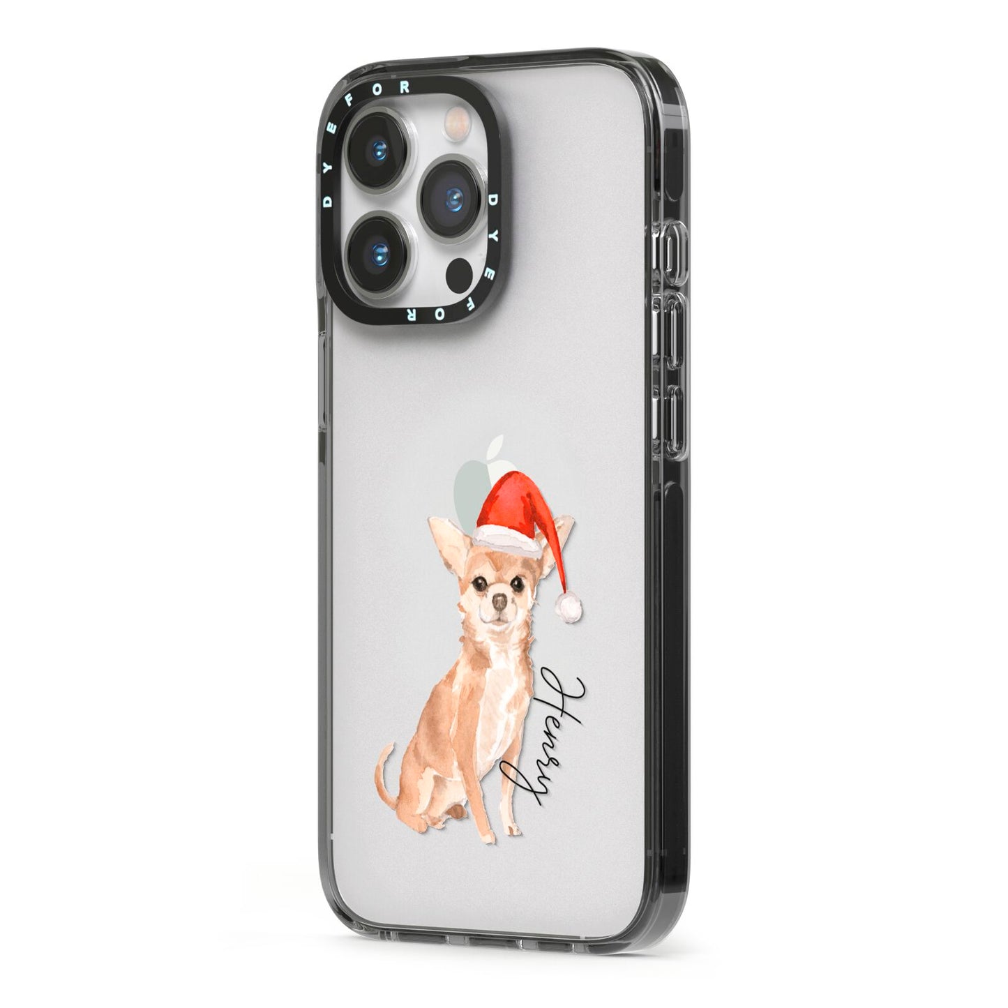 Personalised Christmas Chihuahua iPhone 13 Pro Black Impact Case Side Angle on Silver phone