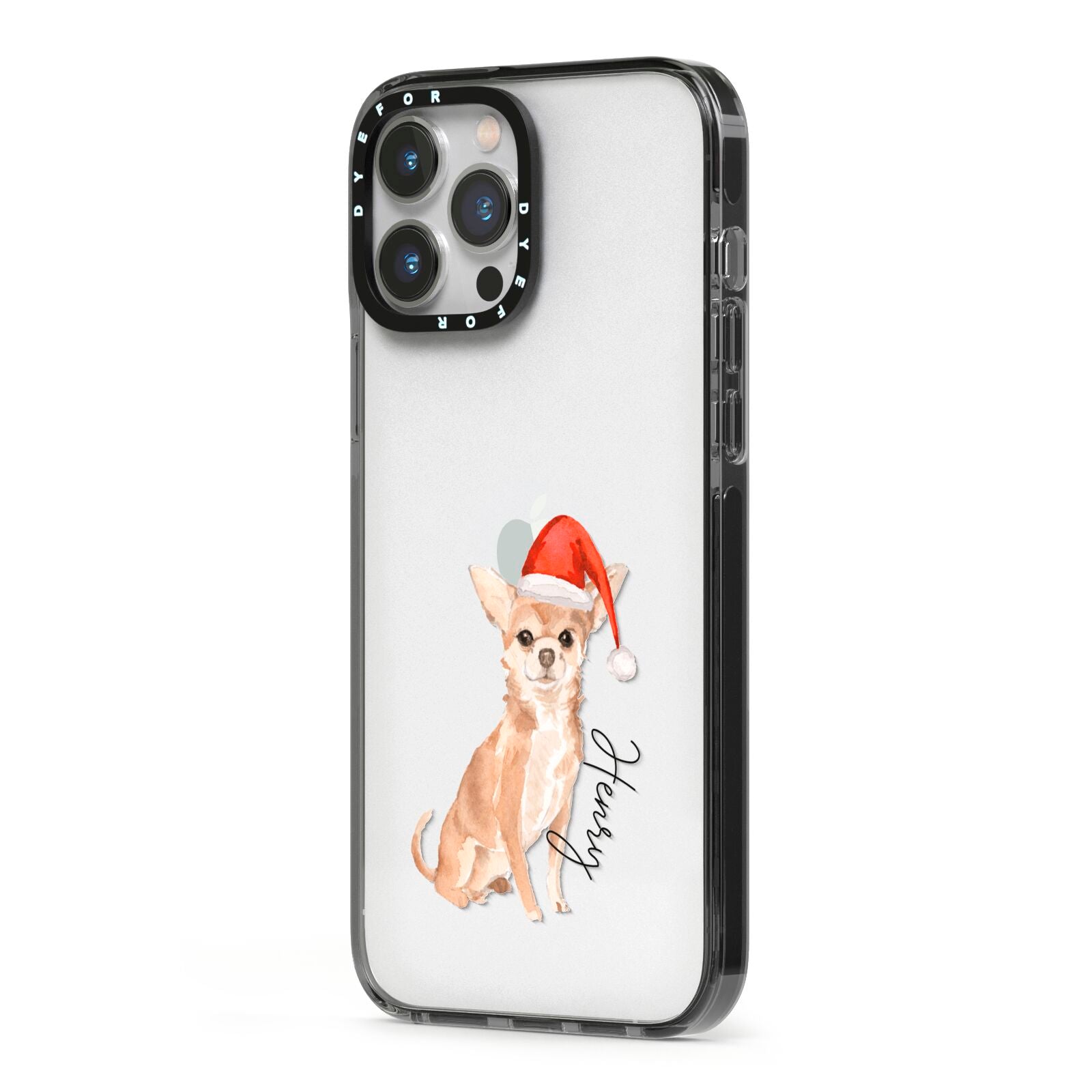 Personalised Christmas Chihuahua iPhone 13 Pro Max Black Impact Case Side Angle on Silver phone
