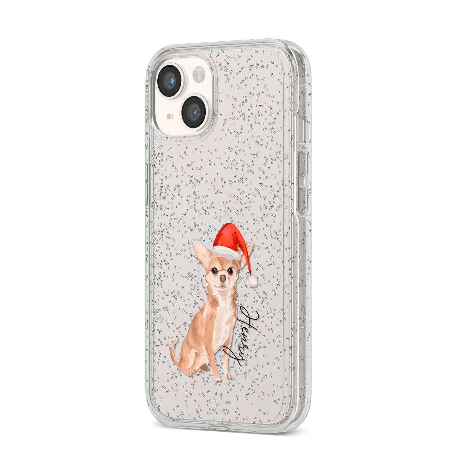 Personalised Christmas Chihuahua iPhone 14 Glitter Tough Case Starlight Angled Image
