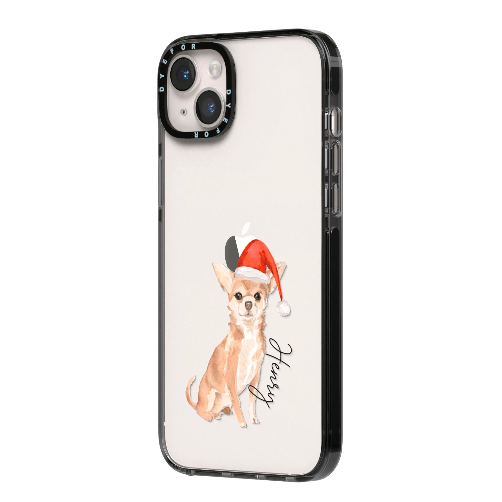 Personalised Christmas Chihuahua iPhone 14 Plus Black Impact Case Side Angle on Silver phone