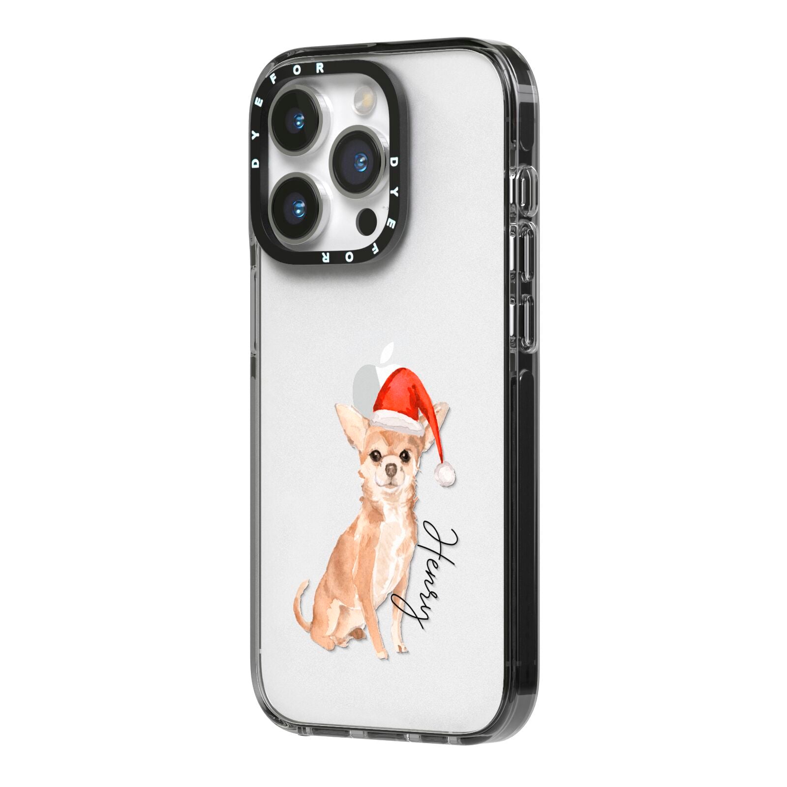 Personalised Christmas Chihuahua iPhone 14 Pro Black Impact Case Side Angle on Silver phone