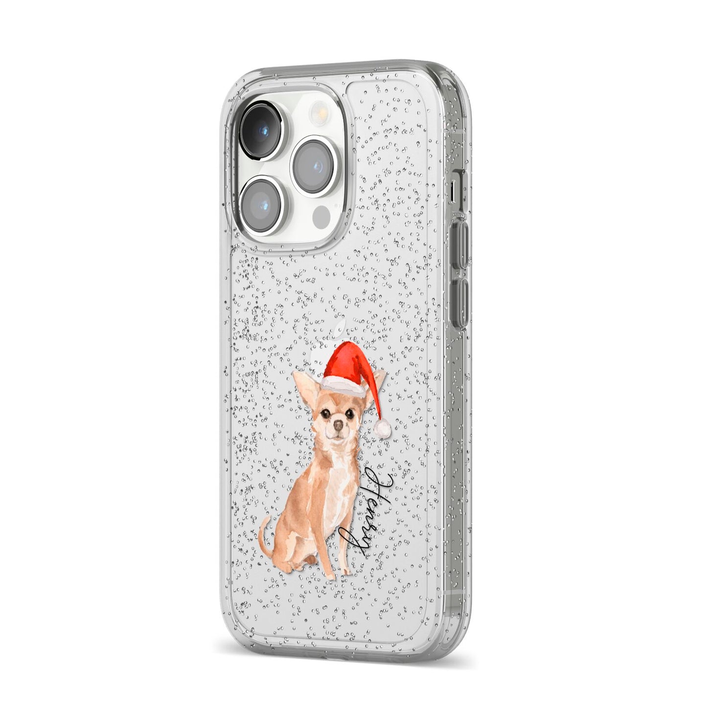 Personalised Christmas Chihuahua iPhone 14 Pro Glitter Tough Case Silver Angled Image