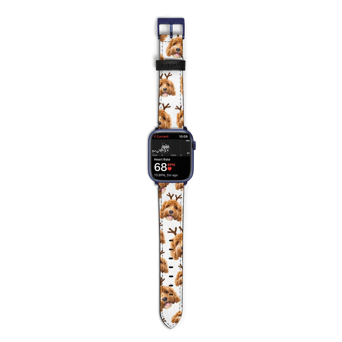 Personalised Christmas Dog Antler Apple Watch Strap Size 38mm with Blue Hardware