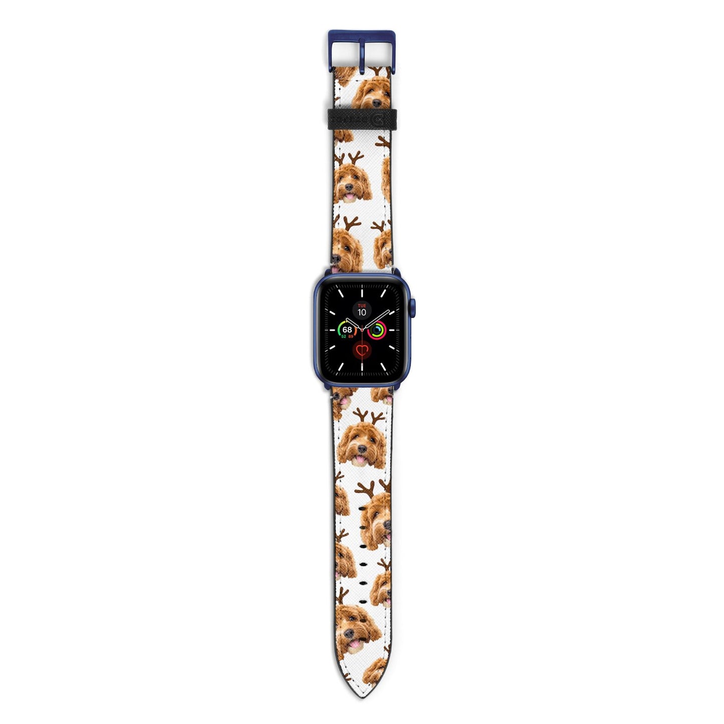 Personalised Christmas Dog Antler Apple Watch Strap with Blue Hardware