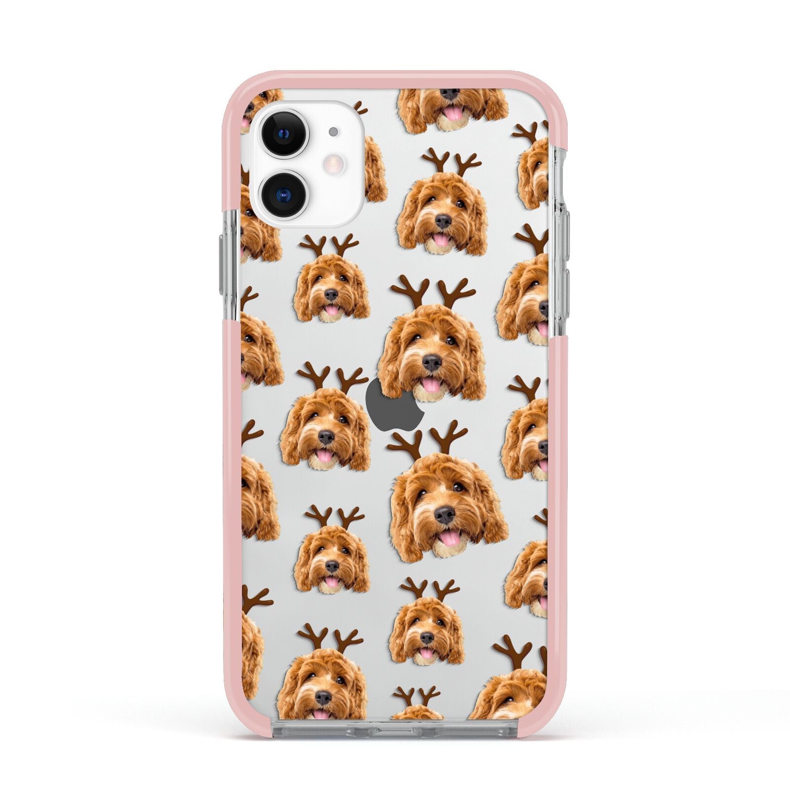 Personalised Christmas Dog Antler Apple iPhone 11 in White with Pink Impact Case