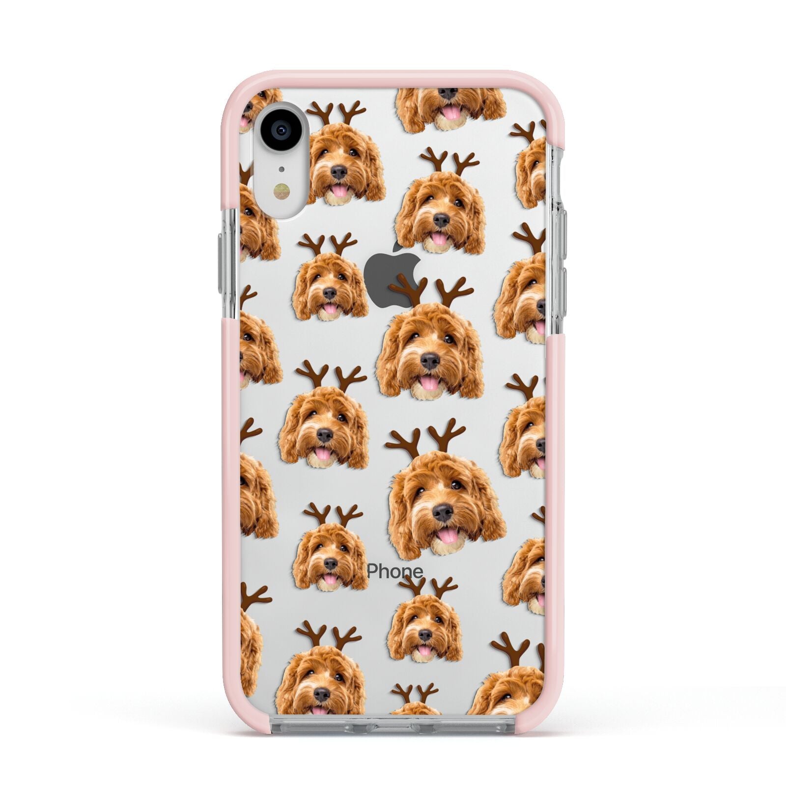 Personalised Christmas Dog Antler Apple iPhone XR Impact Case Pink Edge on Silver Phone