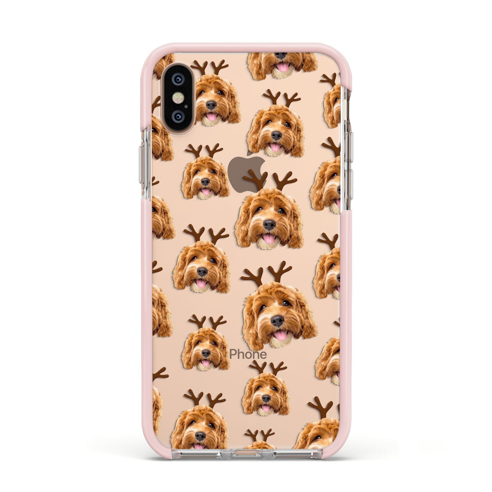Personalised Christmas Dog Antler Apple iPhone Xs Impact Case Pink Edge on Gold Phone