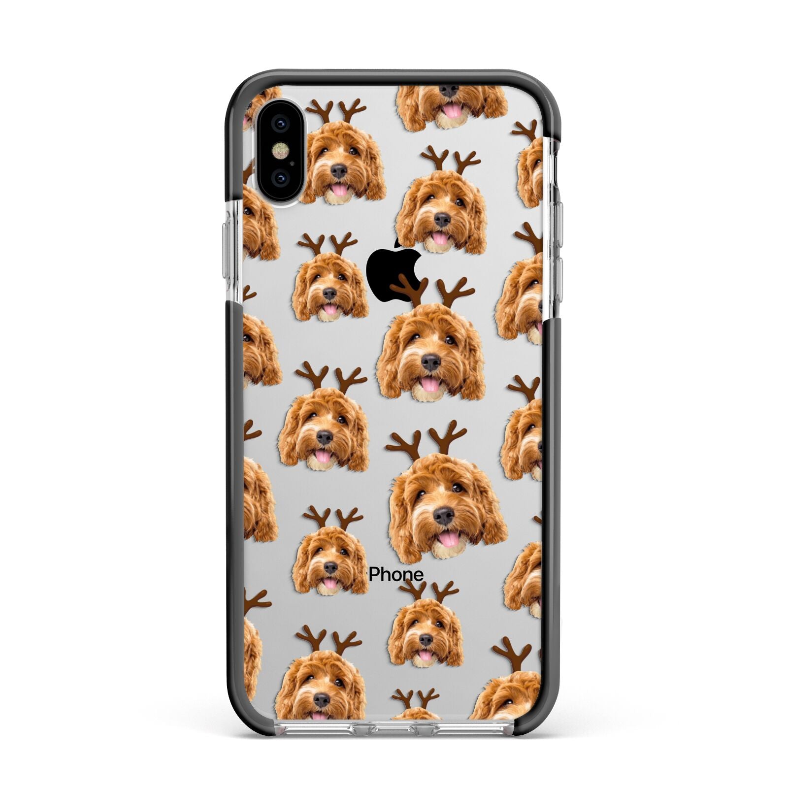 Personalised Christmas Dog Antler Apple iPhone Xs Max Impact Case Black Edge on Silver Phone