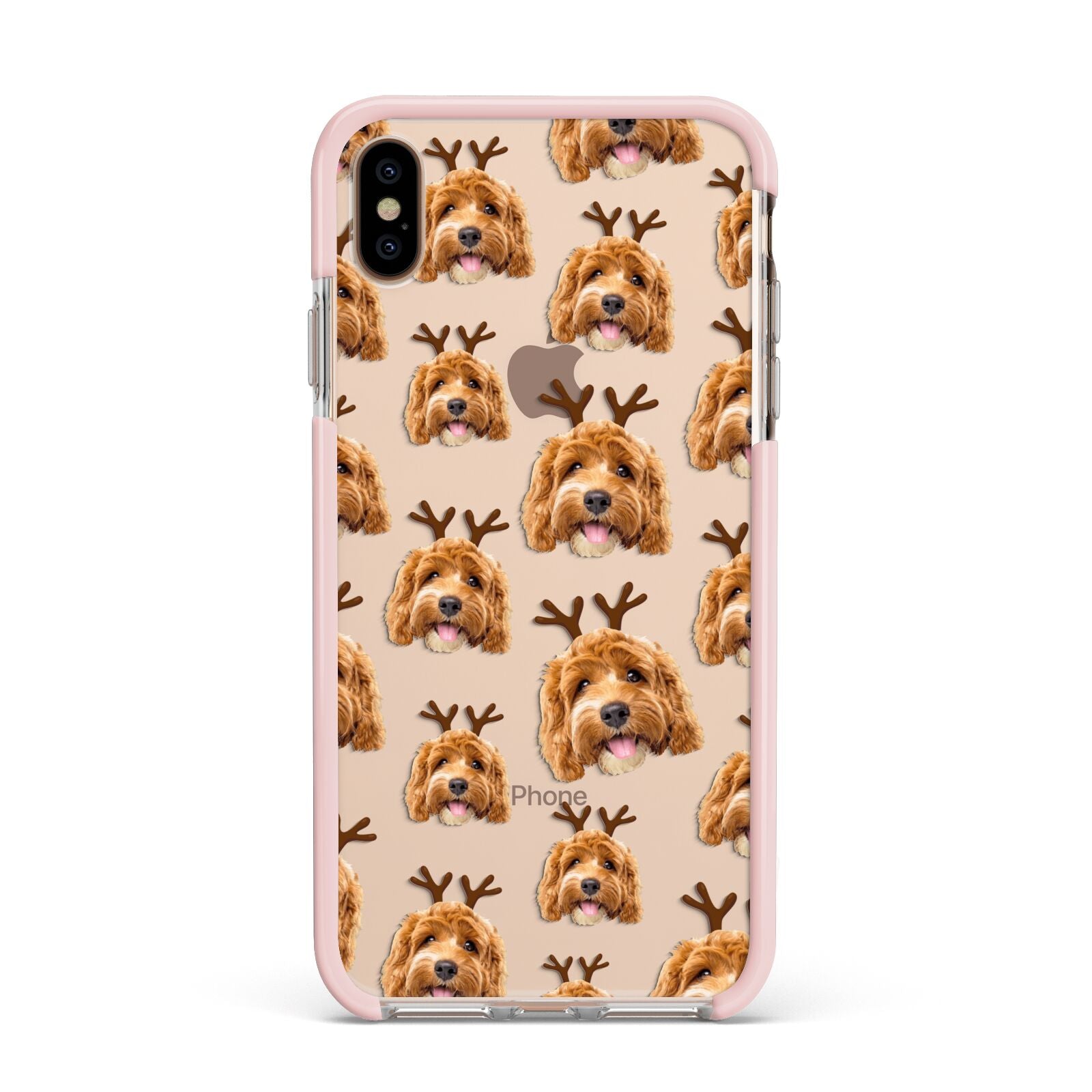 Personalised Christmas Dog Antler Apple iPhone Xs Max Impact Case Pink Edge on Gold Phone