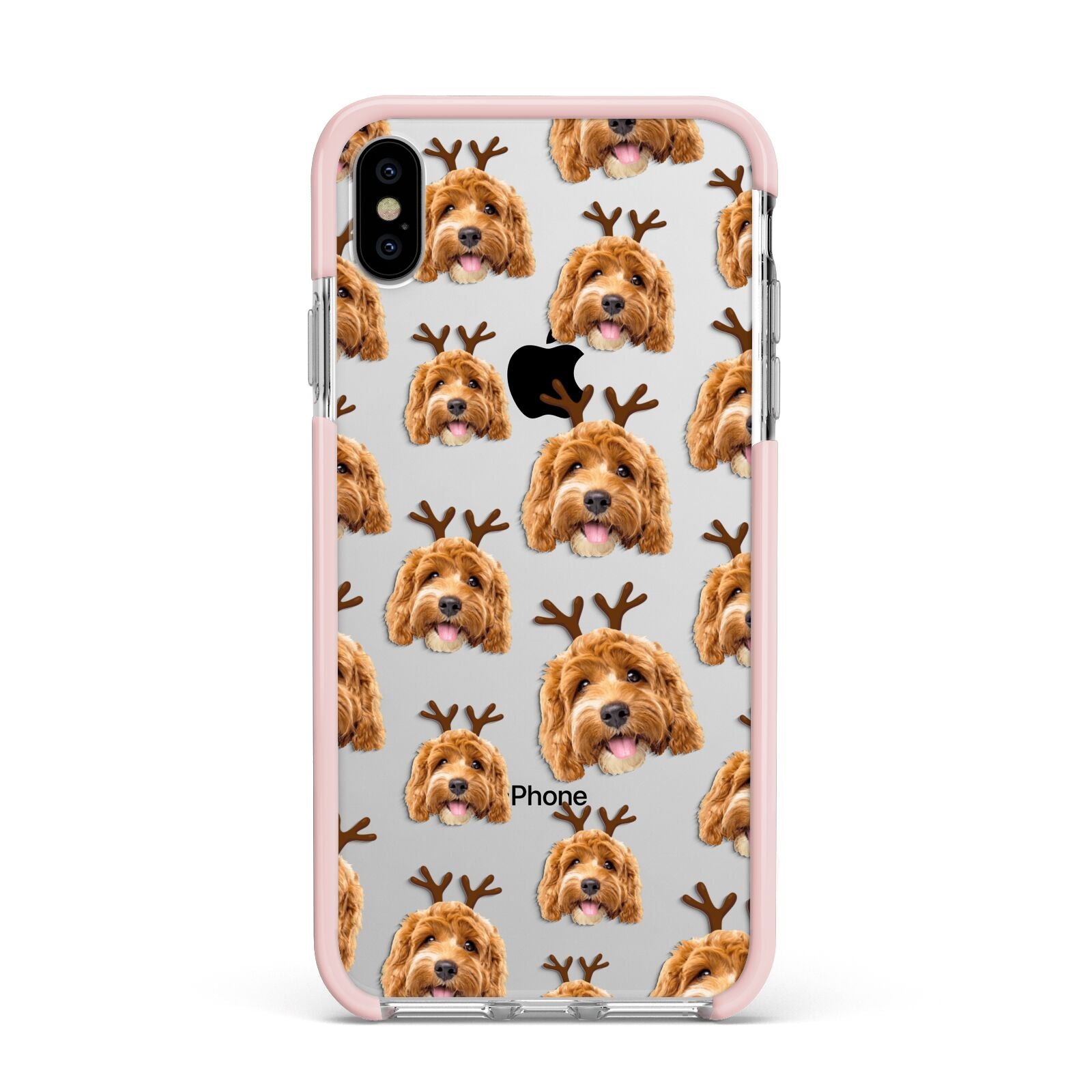 Personalised Christmas Dog Antler Apple iPhone Xs Max Impact Case Pink Edge on Silver Phone