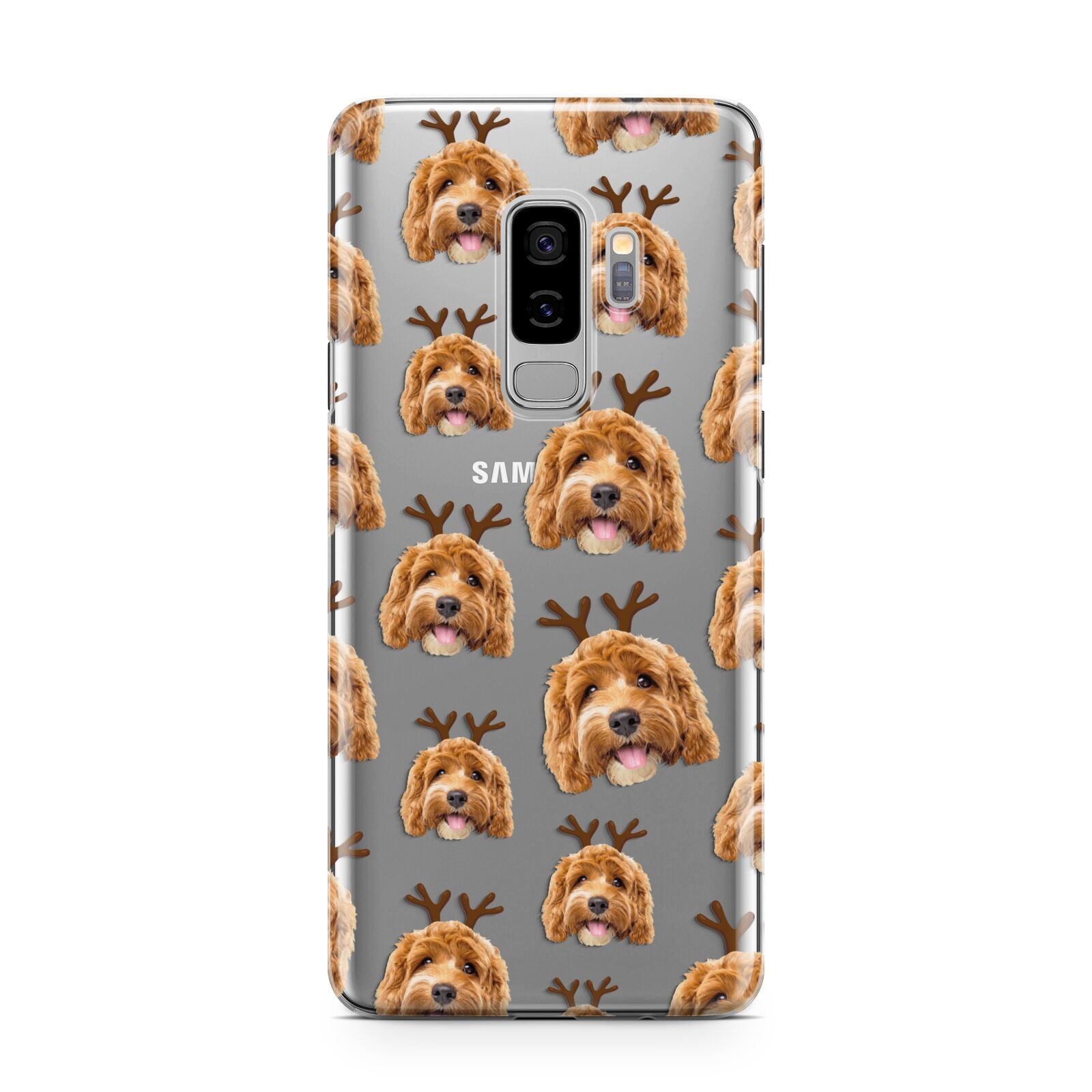 Personalised Christmas Dog Antler Samsung Galaxy S9 Plus Case on Silver phone