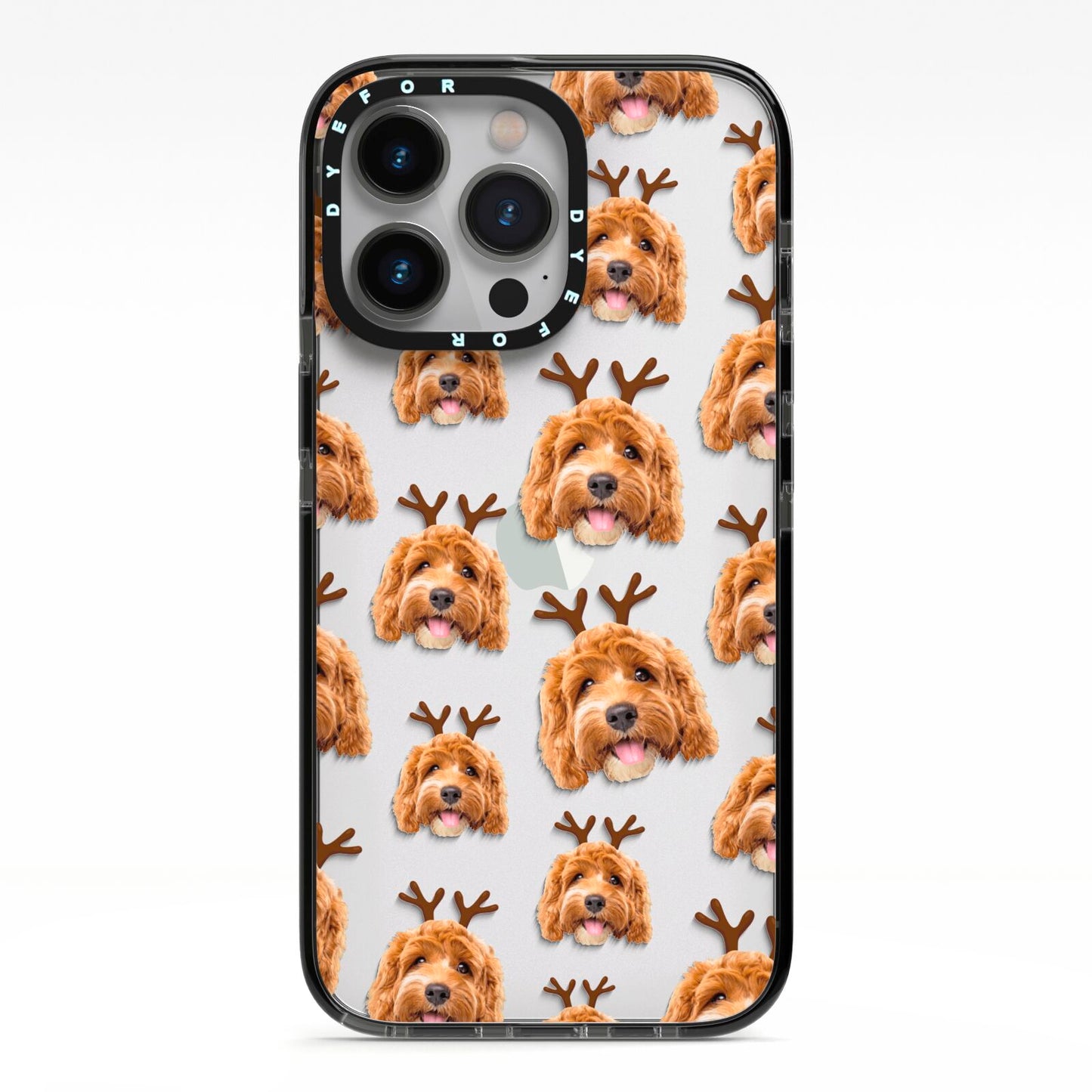 Personalised Christmas Dog Antler iPhone 13 Pro Black Impact Case on Silver phone