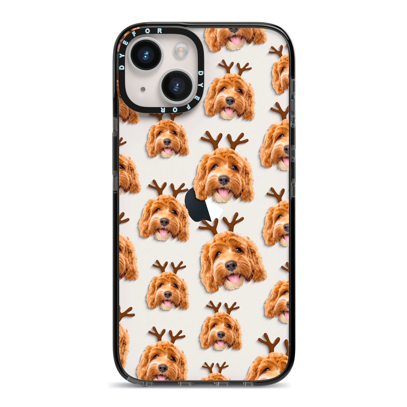 Personalised Christmas Dog Antler iPhone 14 Black Impact Case on Silver phone