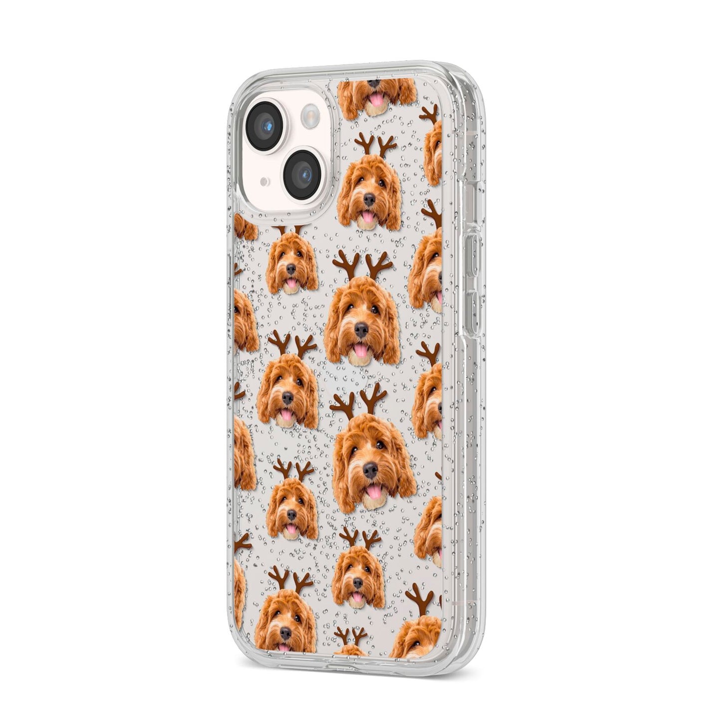 Personalised Christmas Dog Antler iPhone 14 Glitter Tough Case Starlight Angled Image