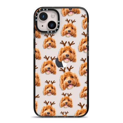 Personalised Christmas Dog Antler iPhone 14 Plus Black Impact Case on Silver phone