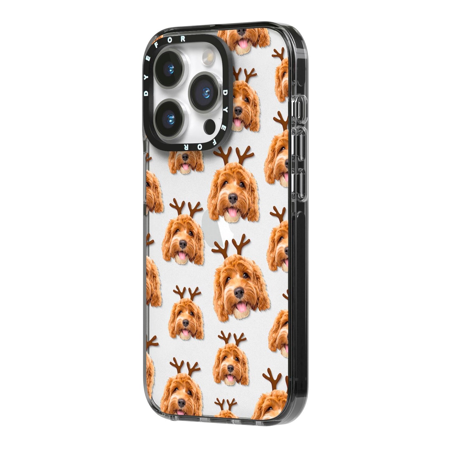Personalised Christmas Dog Antler iPhone 14 Pro Black Impact Case Side Angle on Silver phone