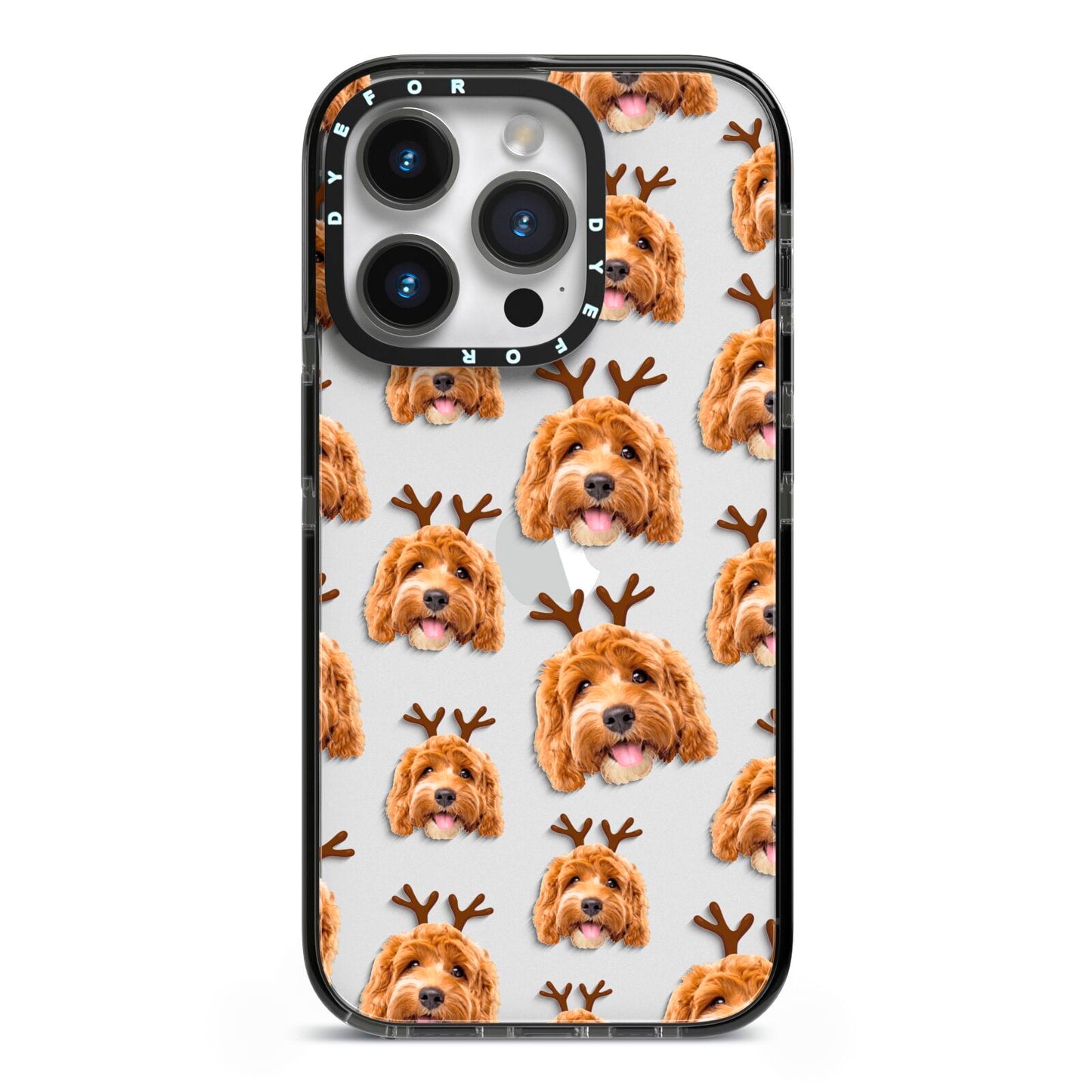 Personalised Christmas Dog Antler iPhone 14 Pro Black Impact Case on Silver phone
