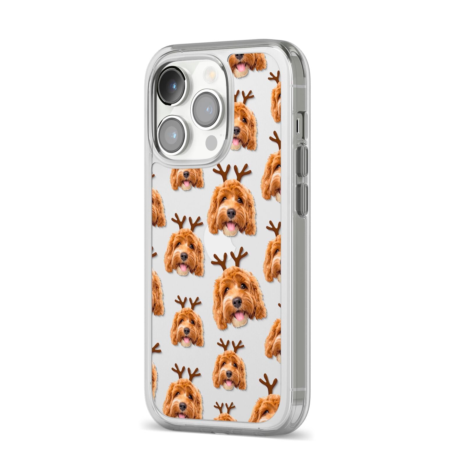 Personalised Christmas Dog Antler iPhone 14 Pro Clear Tough Case Silver Angled Image