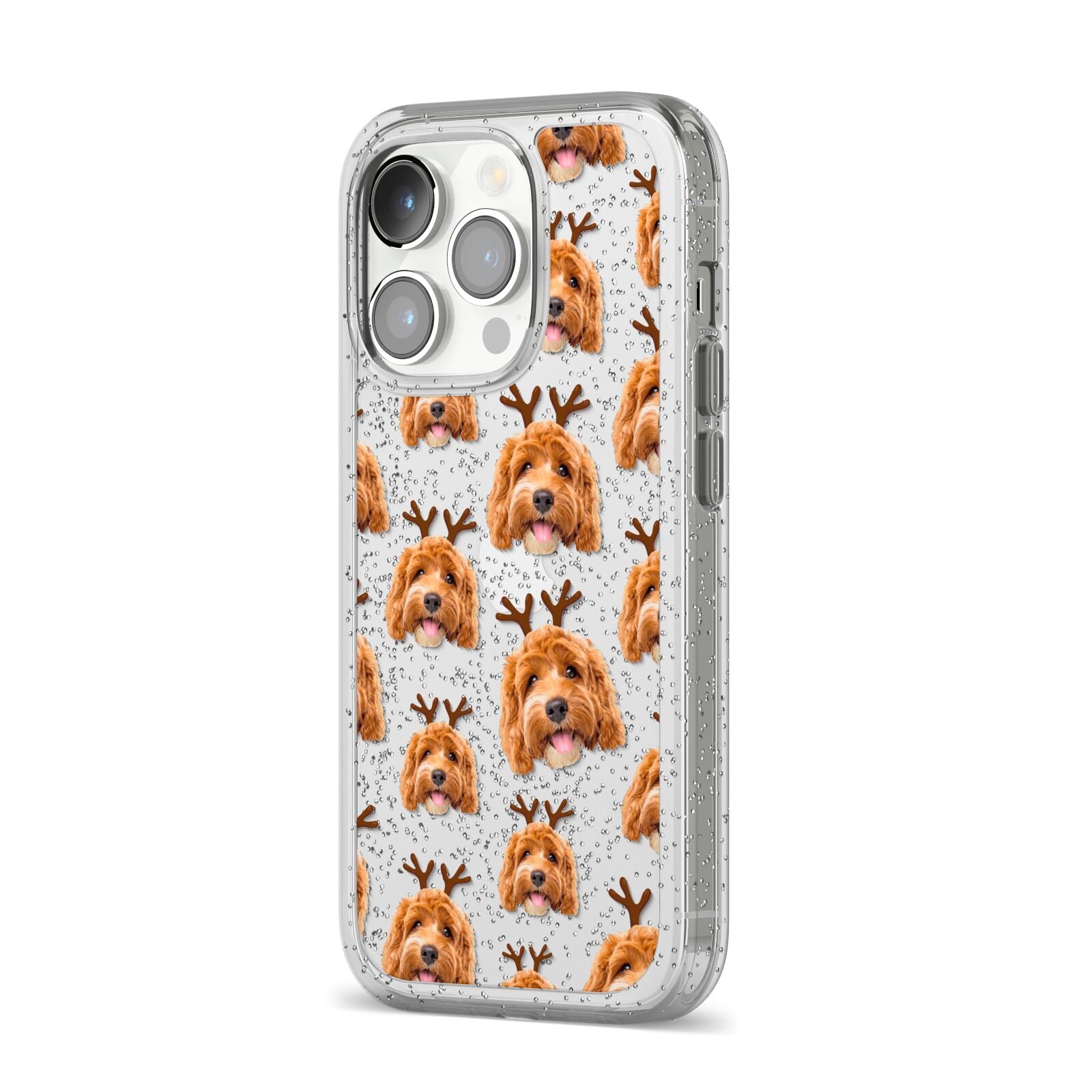 Personalised Christmas Dog Antler iPhone 14 Pro Glitter Tough Case Silver Angled Image