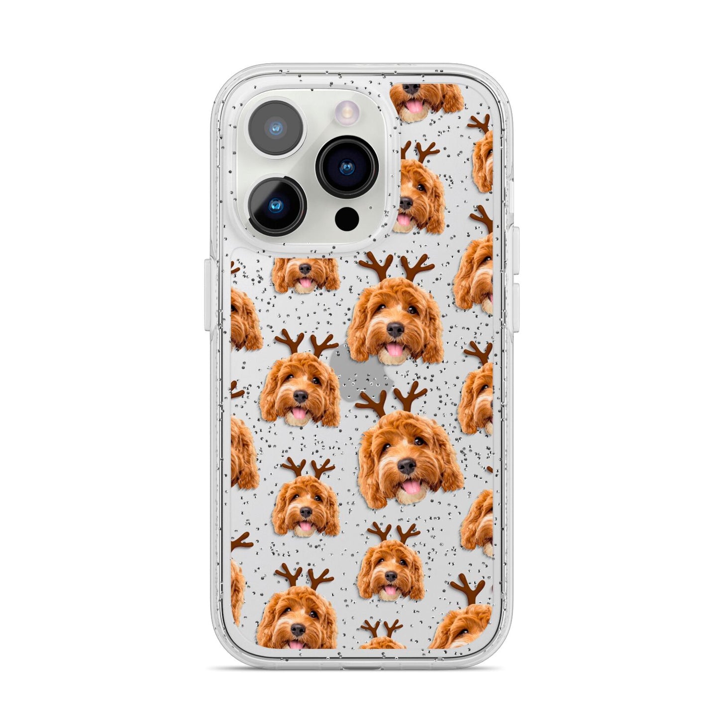 Personalised Christmas Dog Antler iPhone 14 Pro Glitter Tough Case Silver