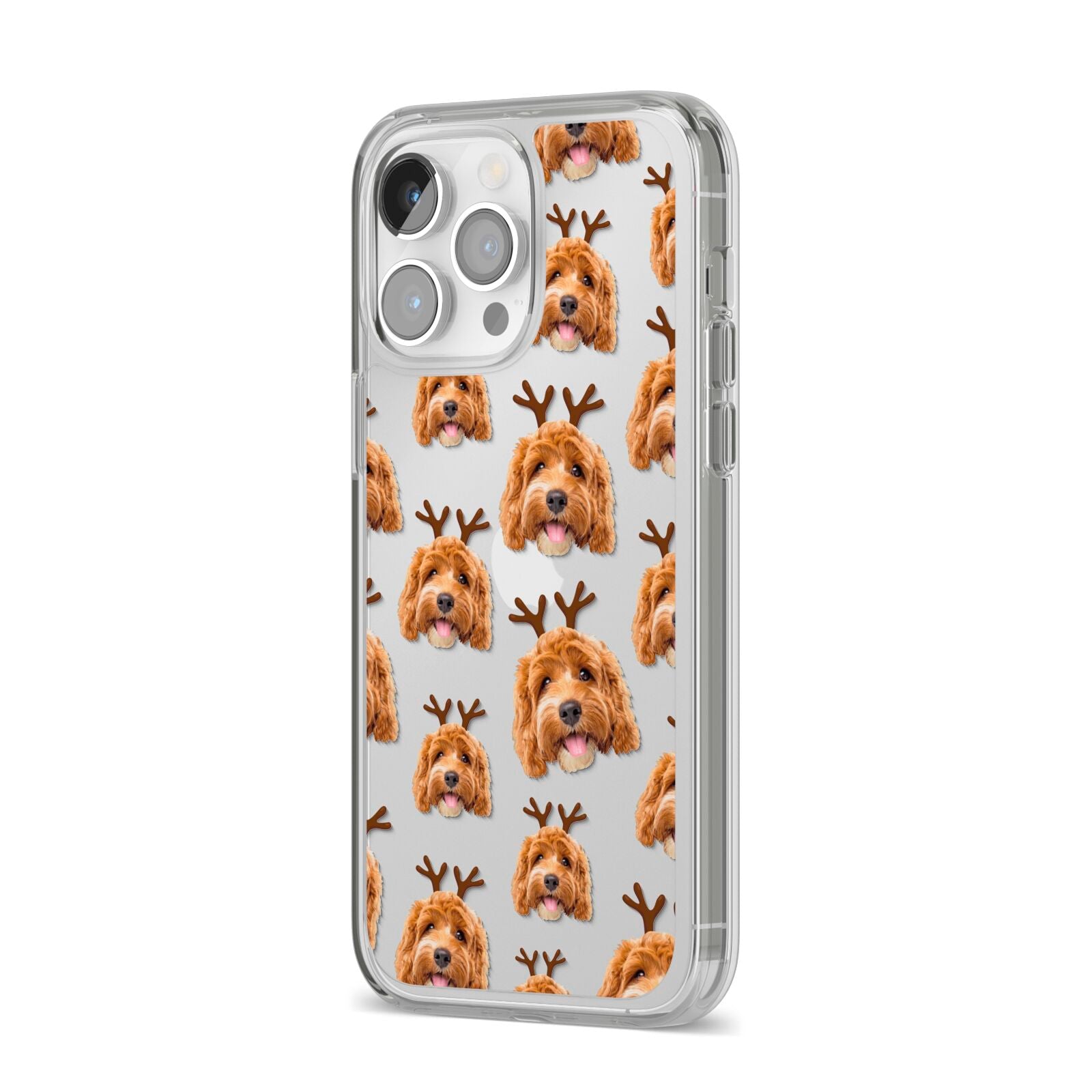 Personalised Christmas Dog Antler iPhone 14 Pro Max Clear Tough Case Silver Angled Image