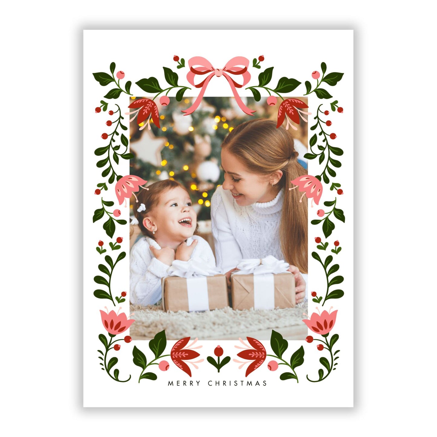Personalised Christmas Flowers Photo A5 Flat Greetings Card