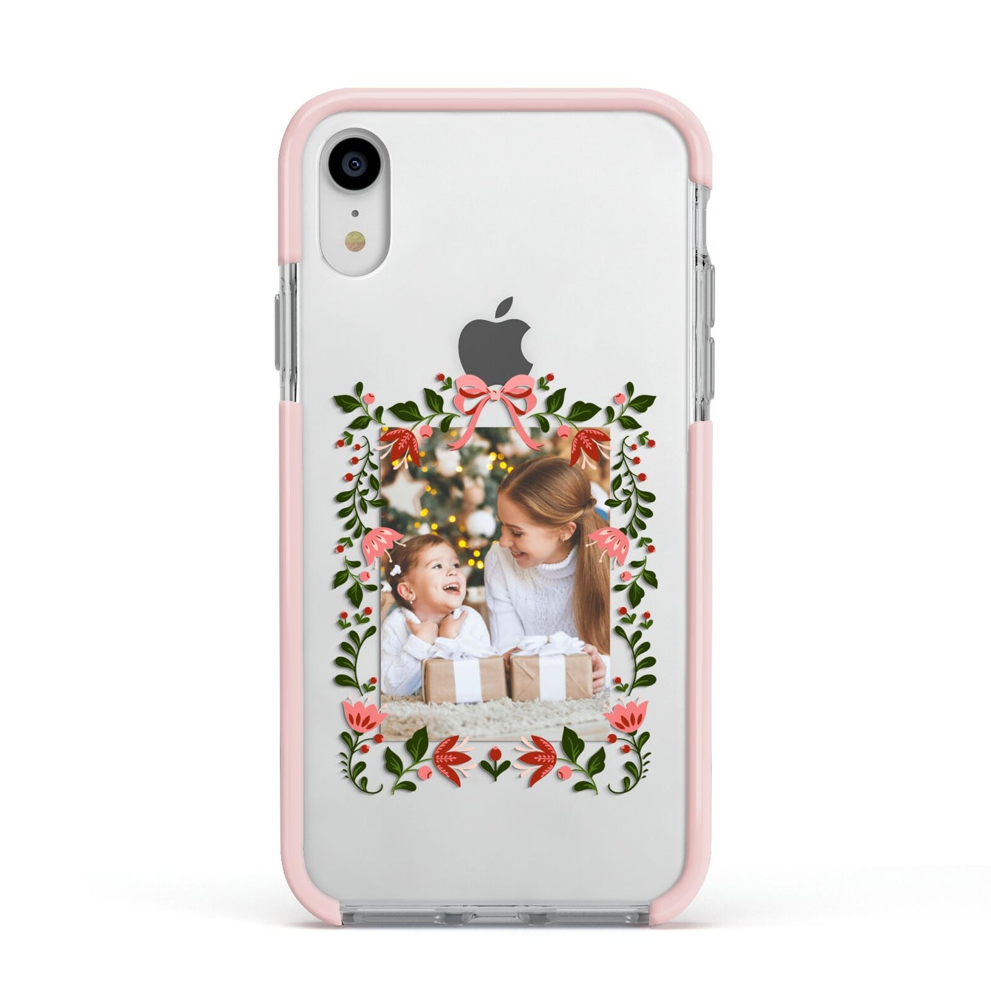 Personalised Christmas Flowers Photo Apple iPhone XR Impact Case Pink Edge on Silver Phone
