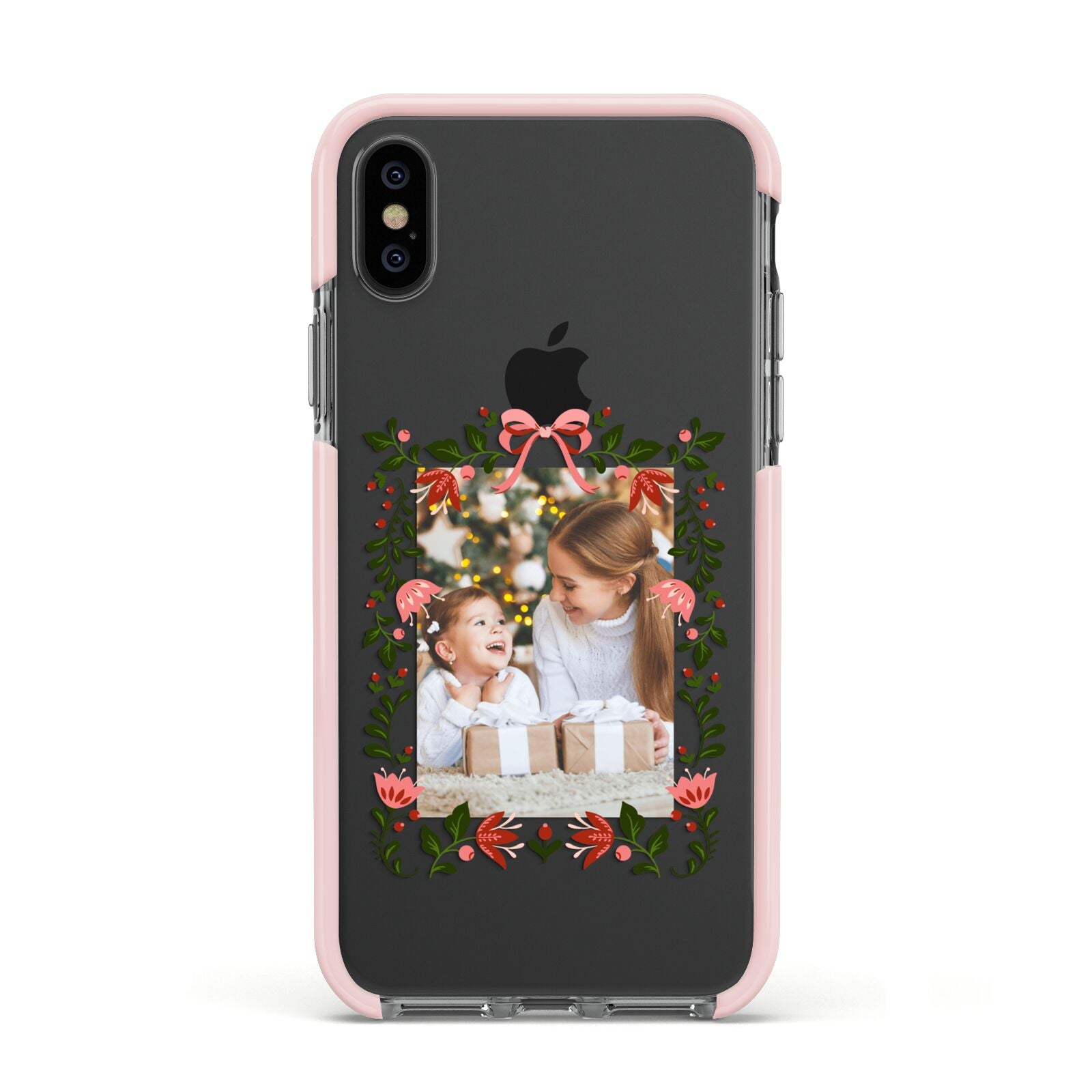 Personalised Christmas Flowers Photo Apple iPhone Xs Impact Case Pink Edge on Black Phone