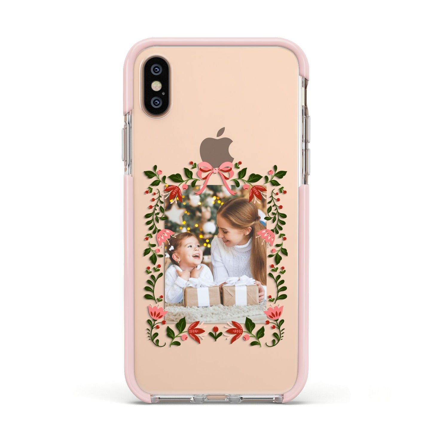 Personalised Christmas Flowers Photo Apple iPhone Xs Impact Case Pink Edge on Gold Phone