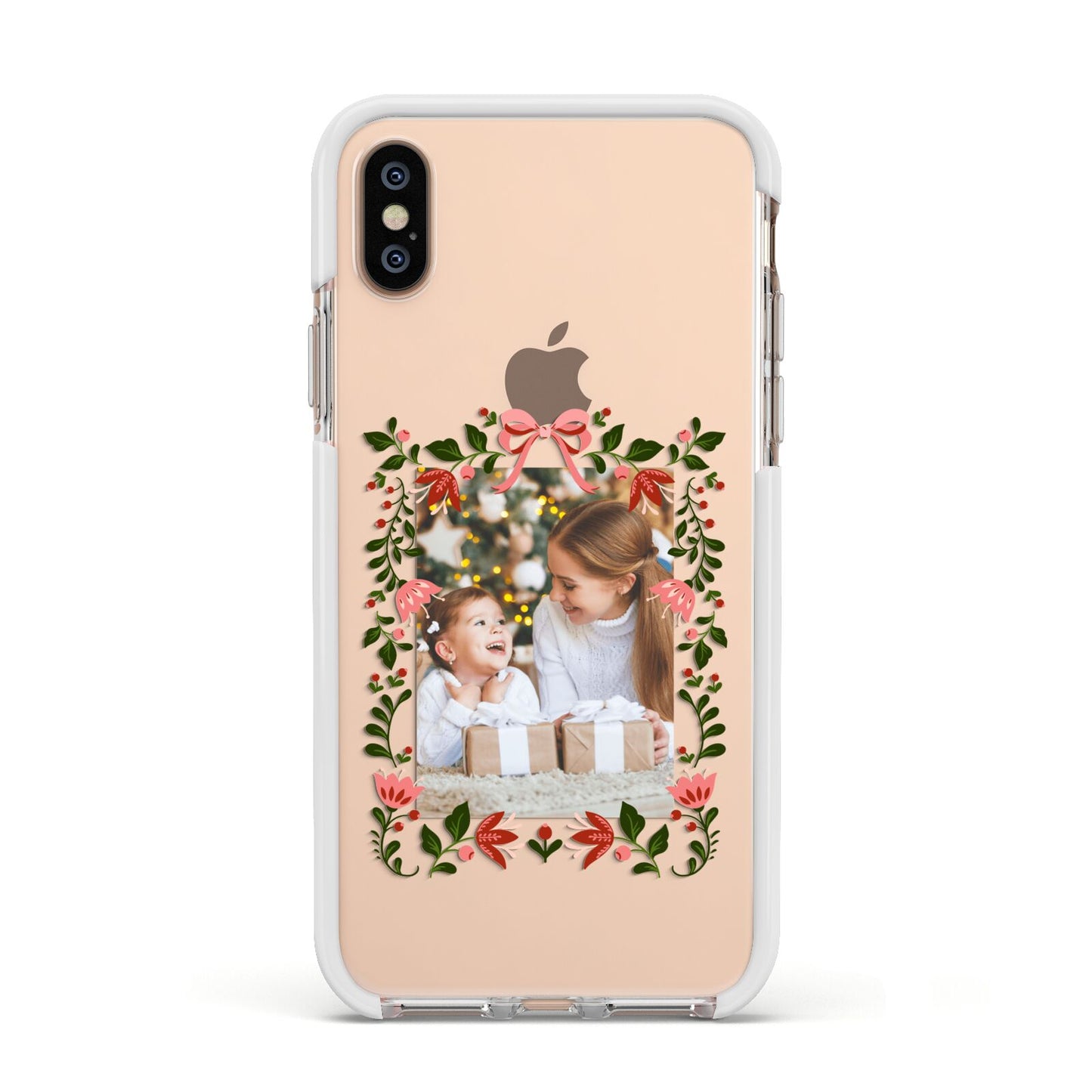 Personalised Christmas Flowers Photo Apple iPhone Xs Impact Case White Edge on Gold Phone