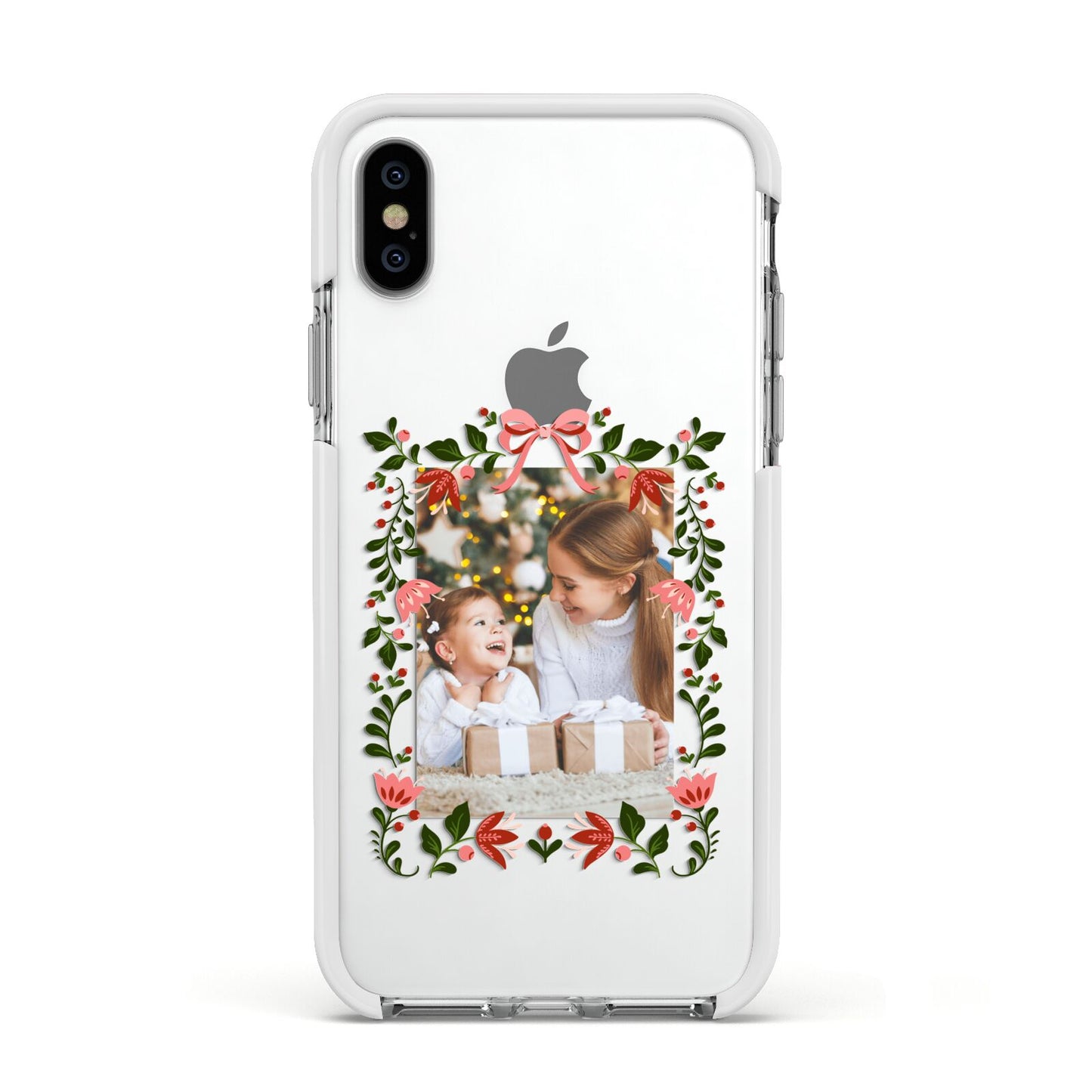 Personalised Christmas Flowers Photo Apple iPhone Xs Impact Case White Edge on Silver Phone