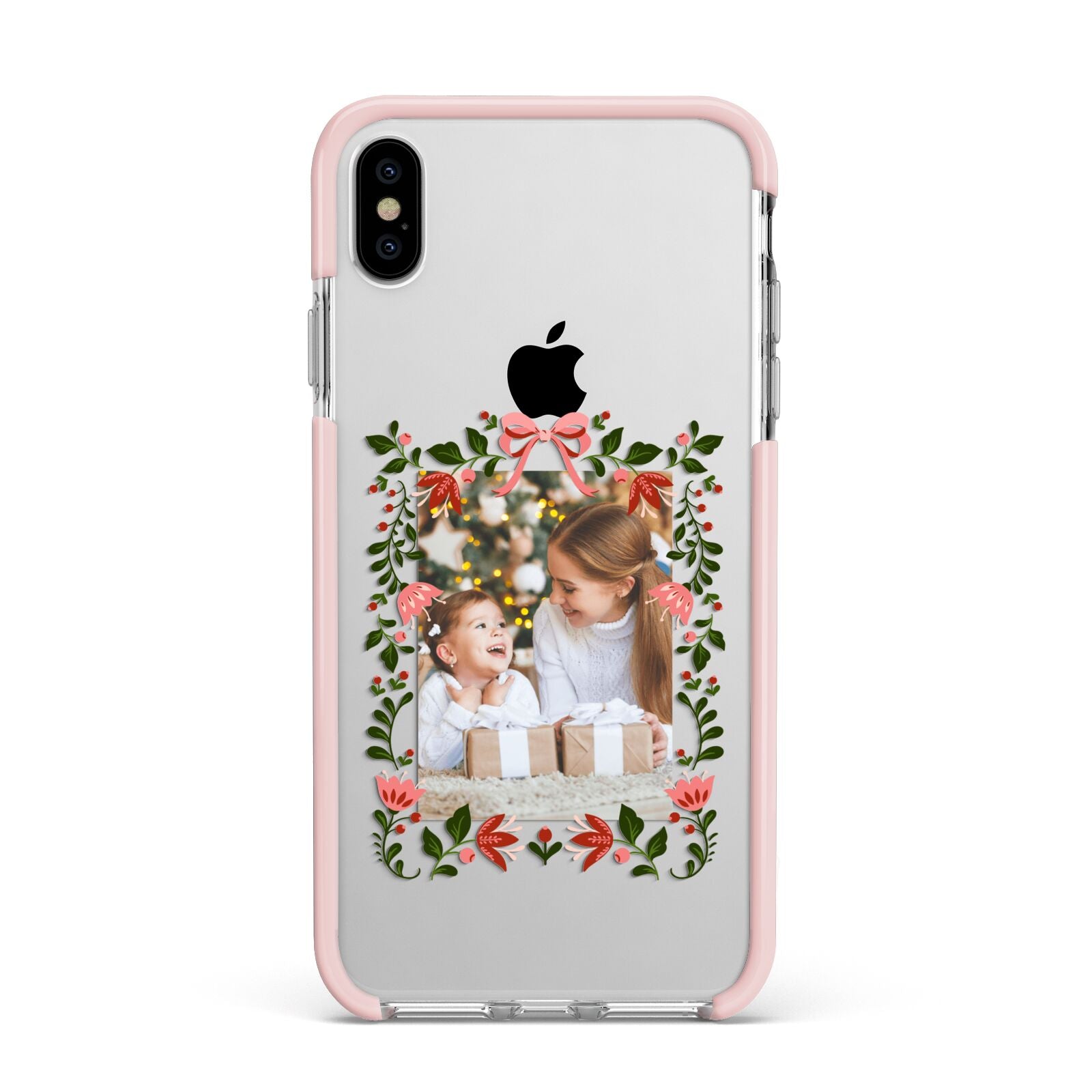 Personalised Christmas Flowers Photo Apple iPhone Xs Max Impact Case Pink Edge on Silver Phone