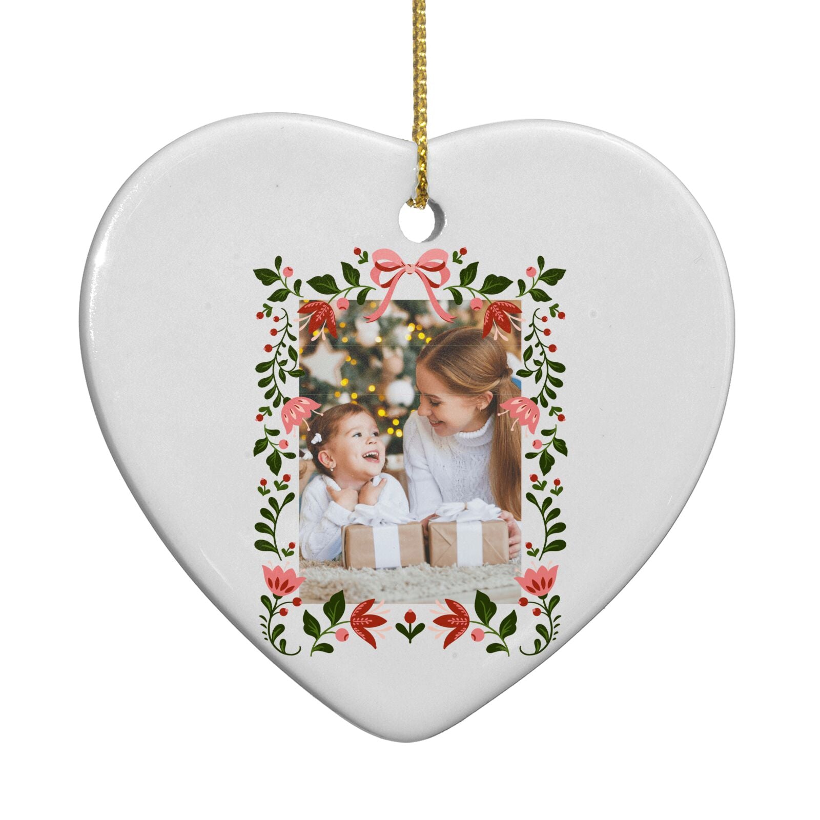 Personalised Christmas Flowers Photo Heart Decoration
