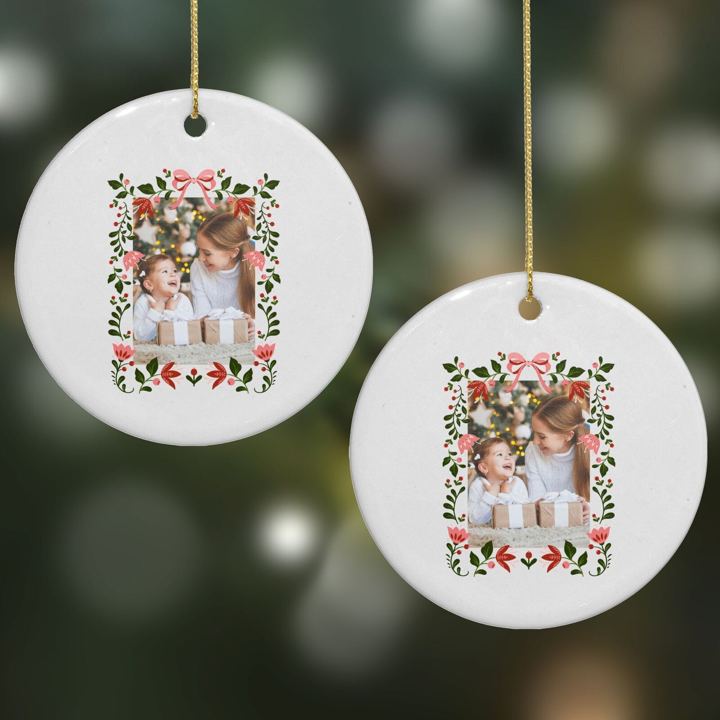 Personalised Christmas Flowers Photo Round Decoration on Christmas Background