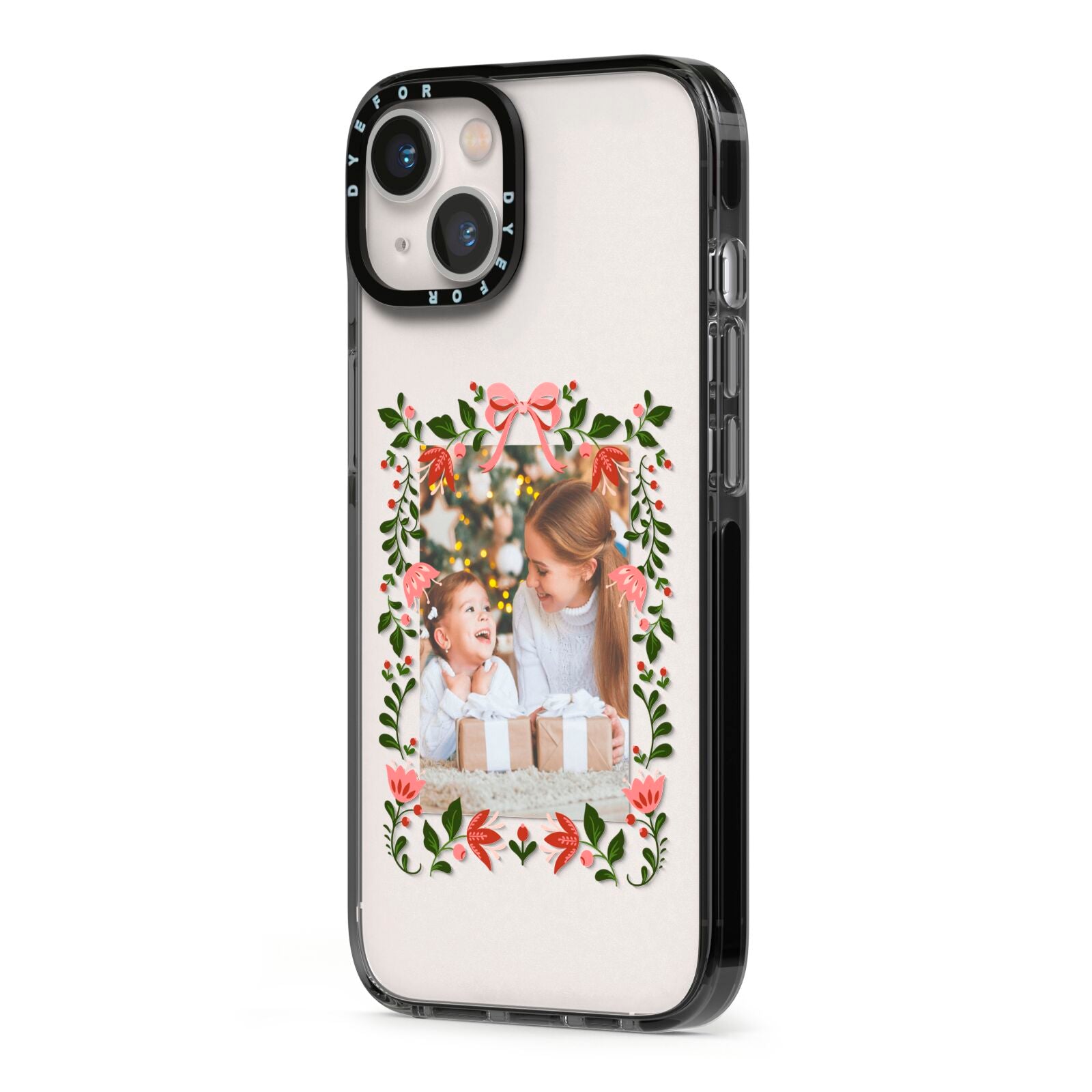 Personalised Christmas Flowers Photo iPhone 13 Black Impact Case Side Angle on Silver phone