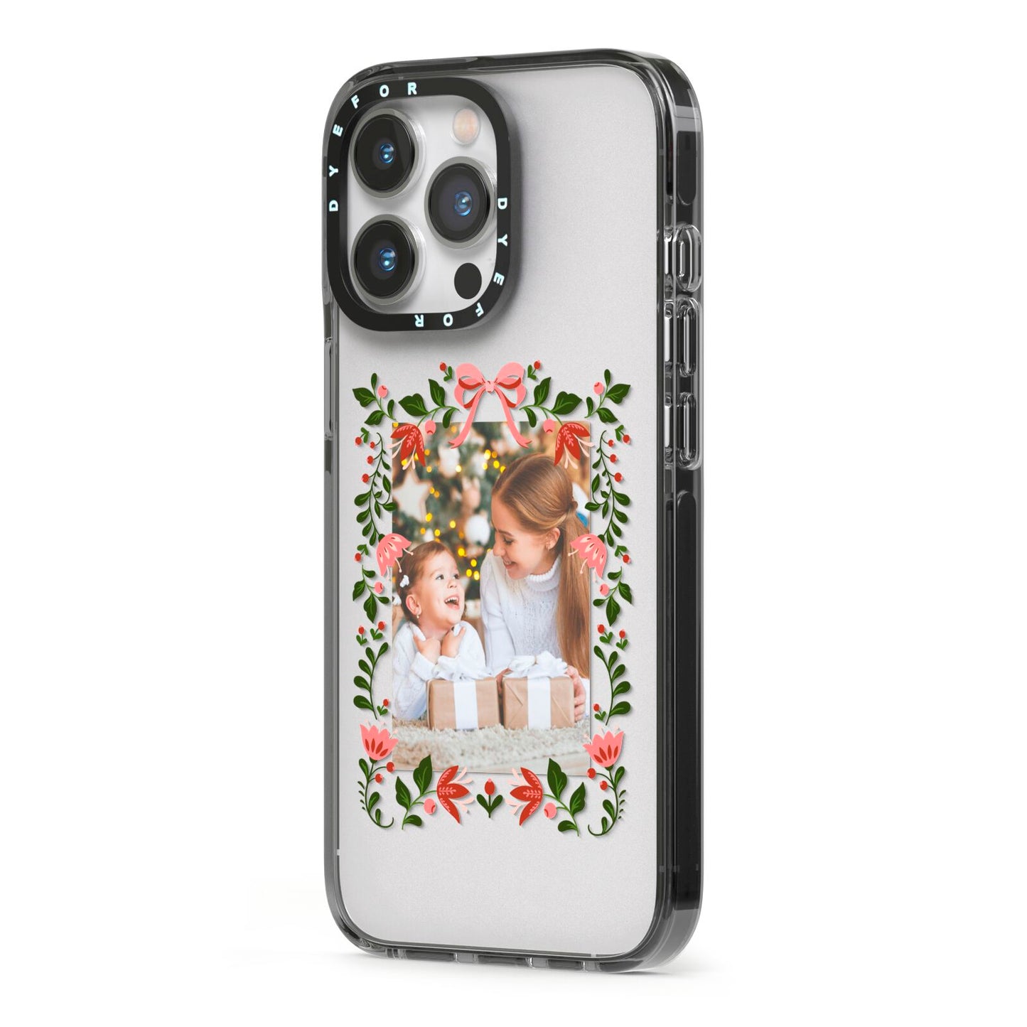 Personalised Christmas Flowers Photo iPhone 13 Pro Black Impact Case Side Angle on Silver phone
