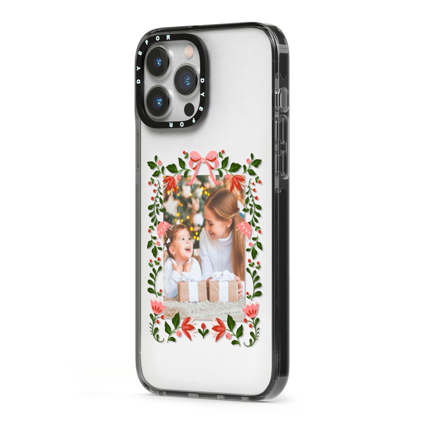 Personalised Christmas Flowers Photo iPhone 13 Pro Max Black Impact Case Side Angle on Silver phone