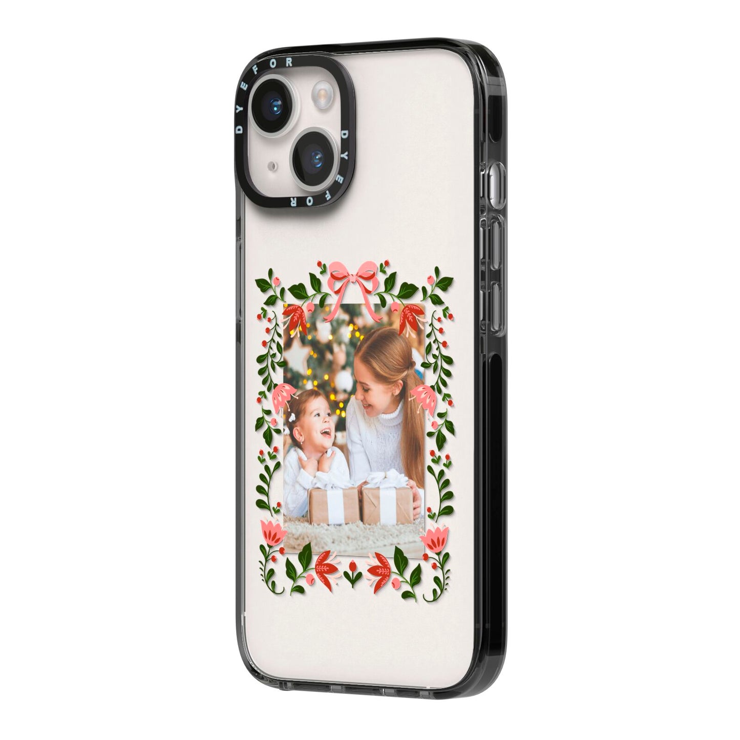 Personalised Christmas Flowers Photo iPhone 14 Black Impact Case Side Angle on Silver phone