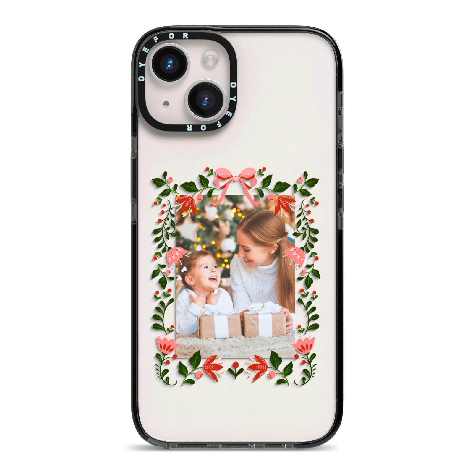 Personalised Christmas Flowers Photo iPhone 14 Black Impact Case on Silver phone