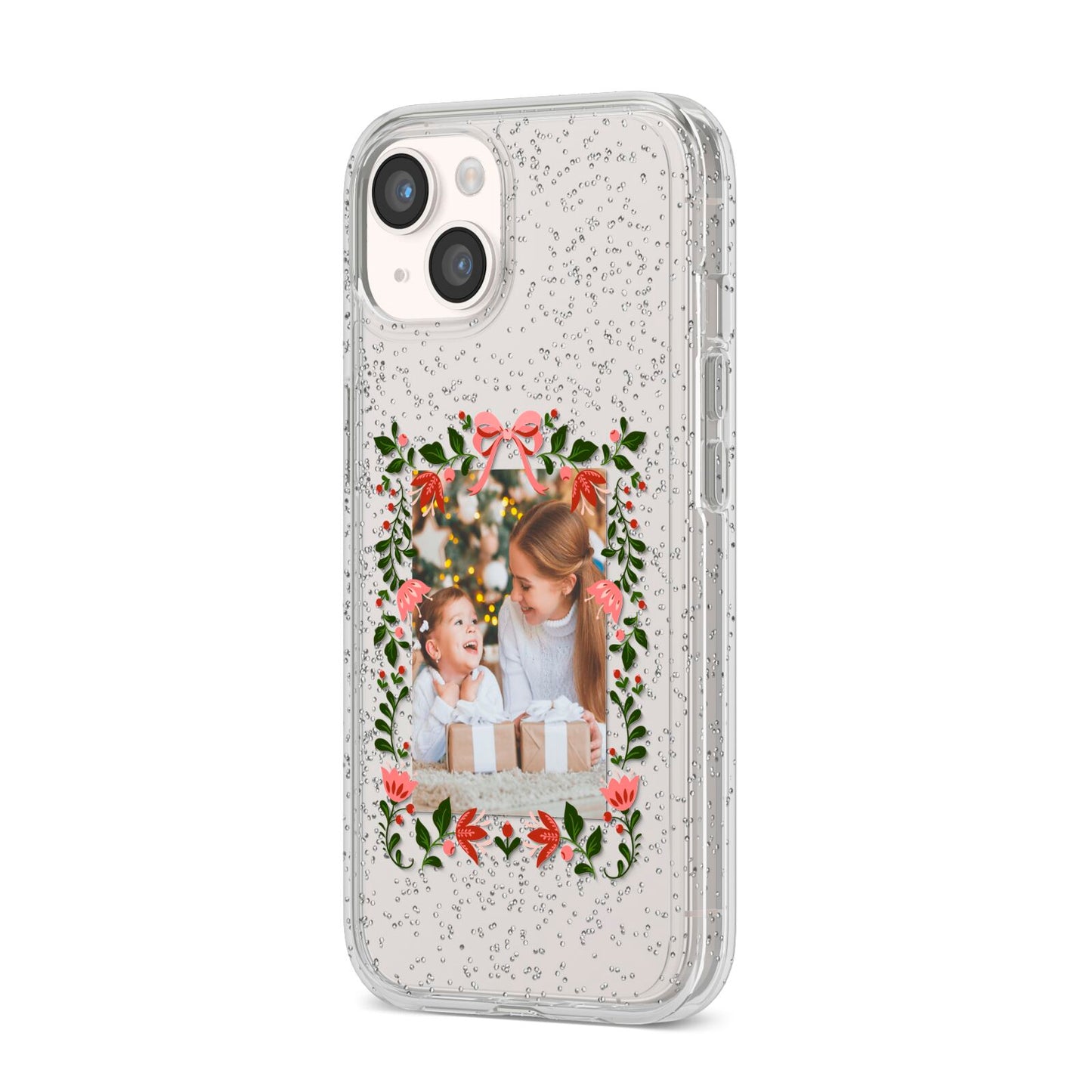 Personalised Christmas Flowers Photo iPhone 14 Glitter Tough Case Starlight Angled Image