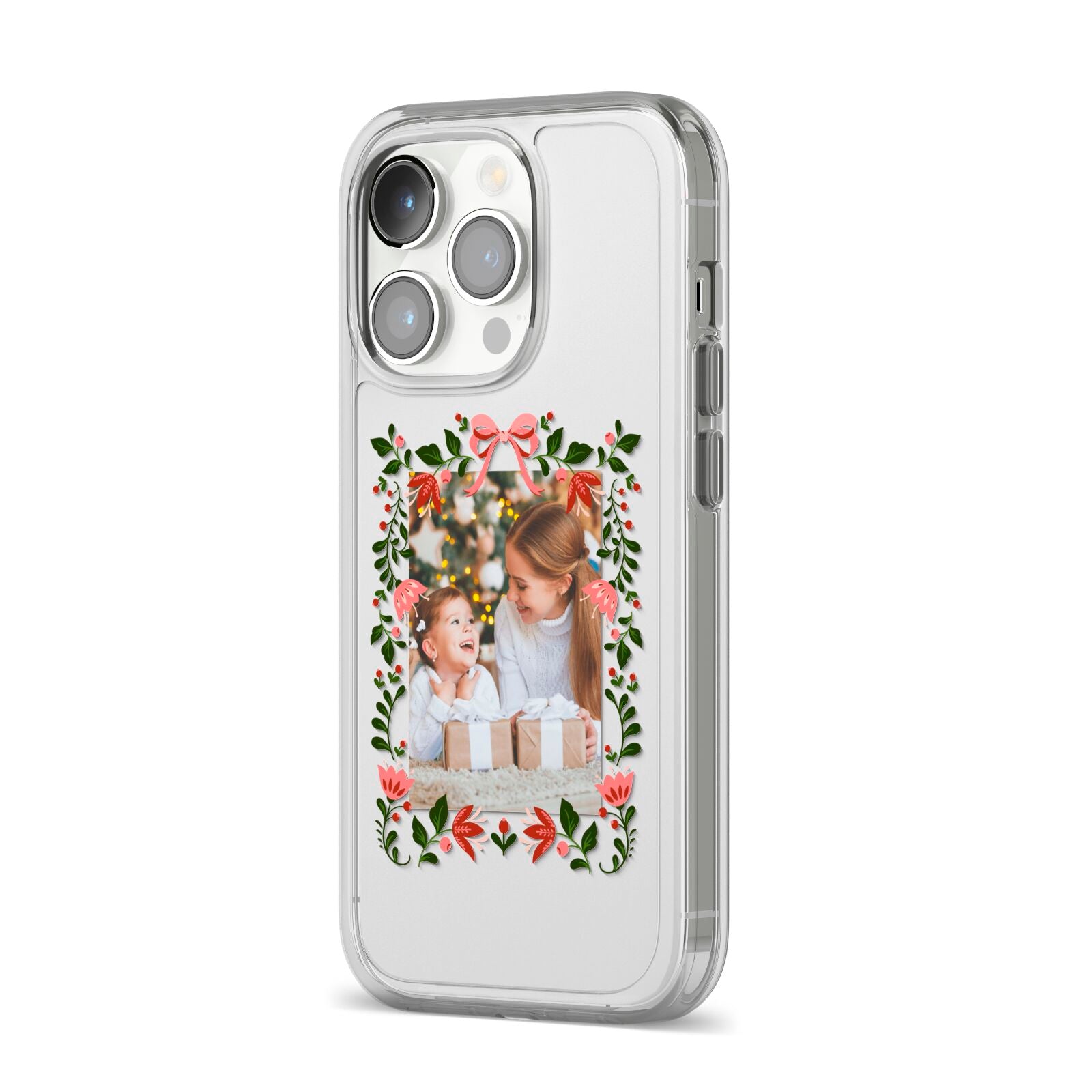 Personalised Christmas Flowers Photo iPhone 14 Pro Clear Tough Case Silver Angled Image