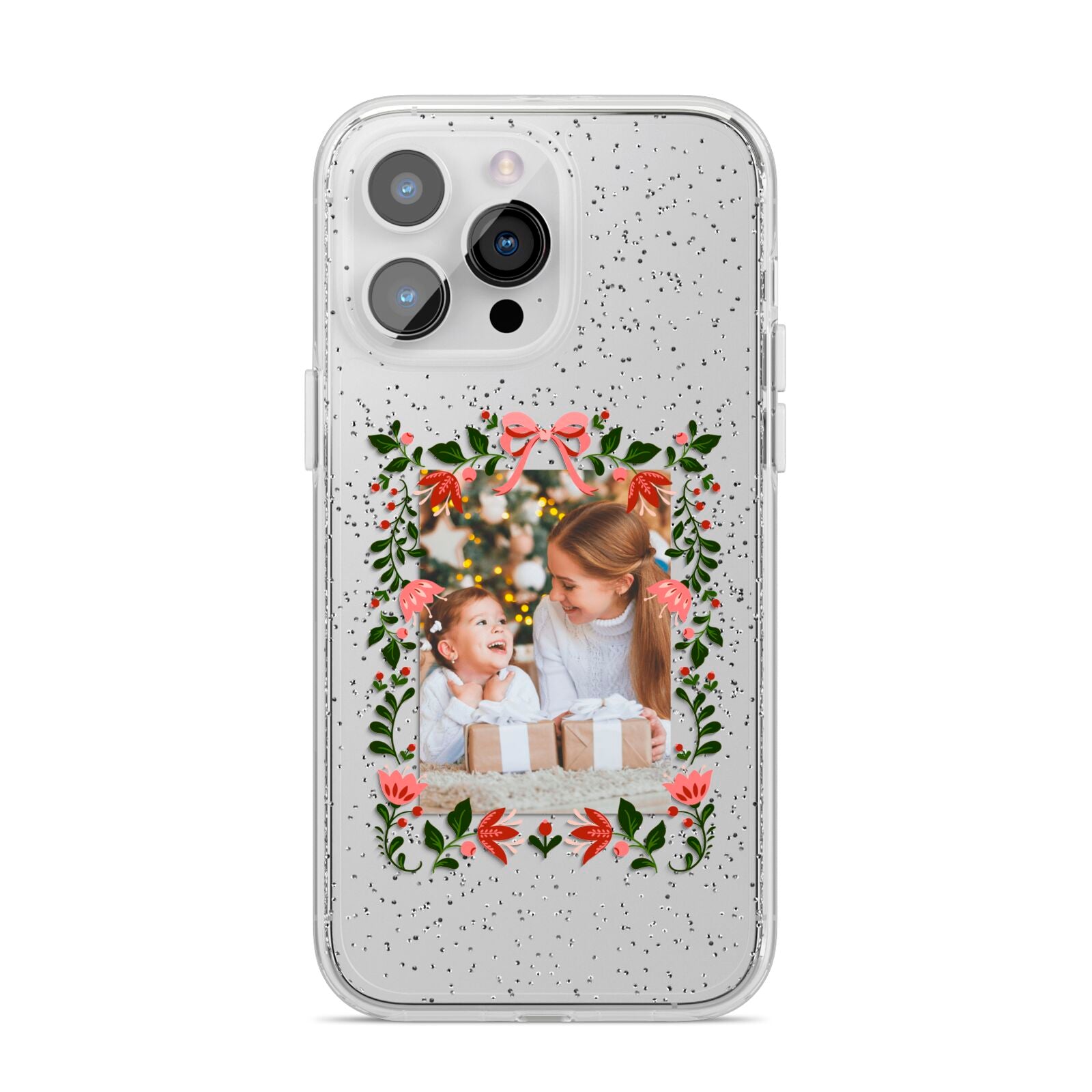 Personalised Christmas Flowers Photo iPhone 14 Pro Max Glitter Tough Case Silver
