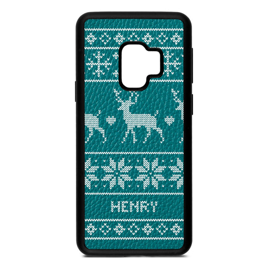 Personalised Christmas Jumper Green Pebble Leather Samsung S9 Case