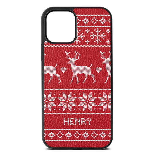 Personalised Christmas Jumper Red Pebble Leather iPhone 12 Case