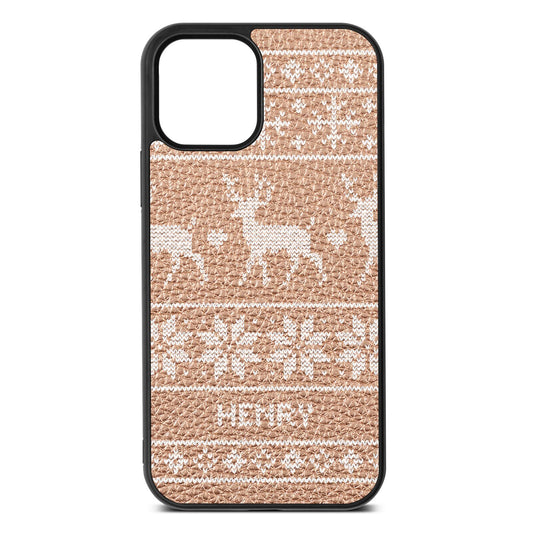 Personalised Christmas Jumper Rose Gold Pebble Leather iPhone 12 Case