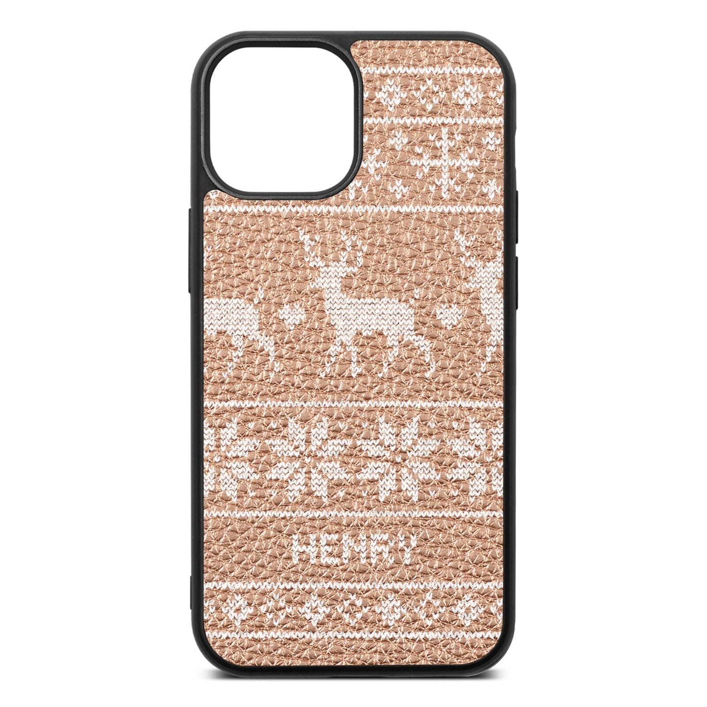 Personalised Christmas Jumper Rose Gold Pebble Leather iPhone 13 Mini Case