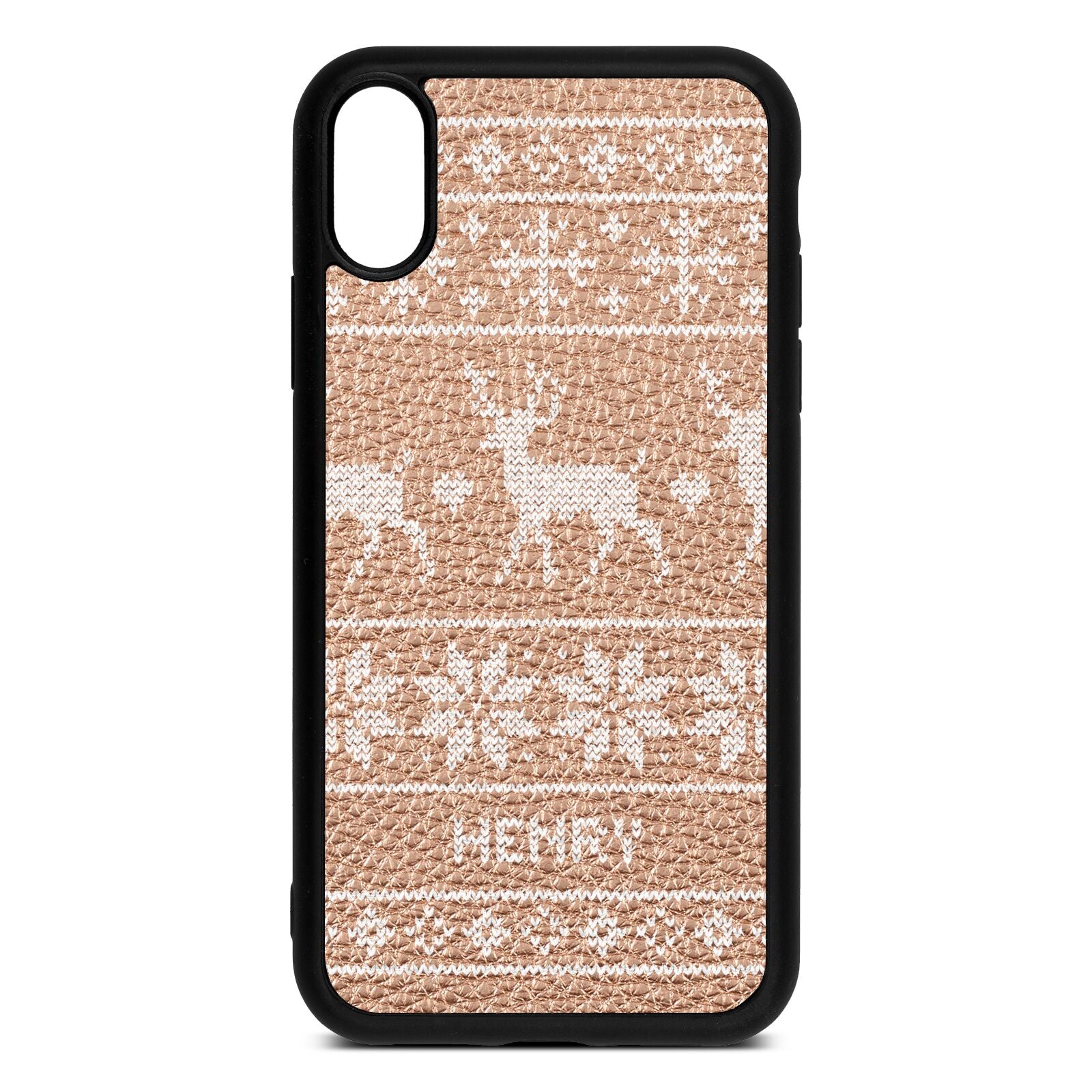 Personalised Christmas Jumper Rose Gold Pebble Leather iPhone Xr Case