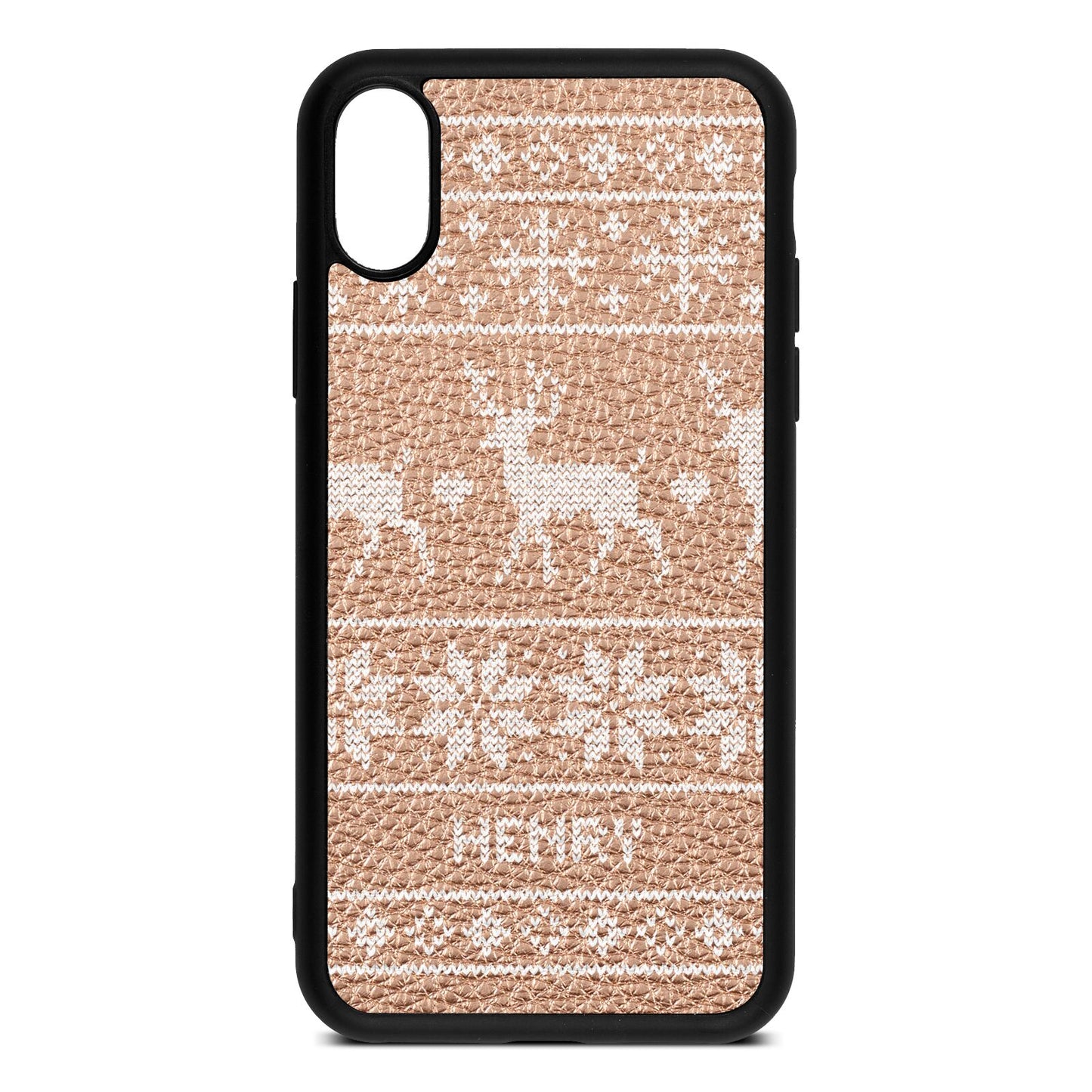 Personalised Christmas Jumper Rose Gold Pebble Leather iPhone Xs Case